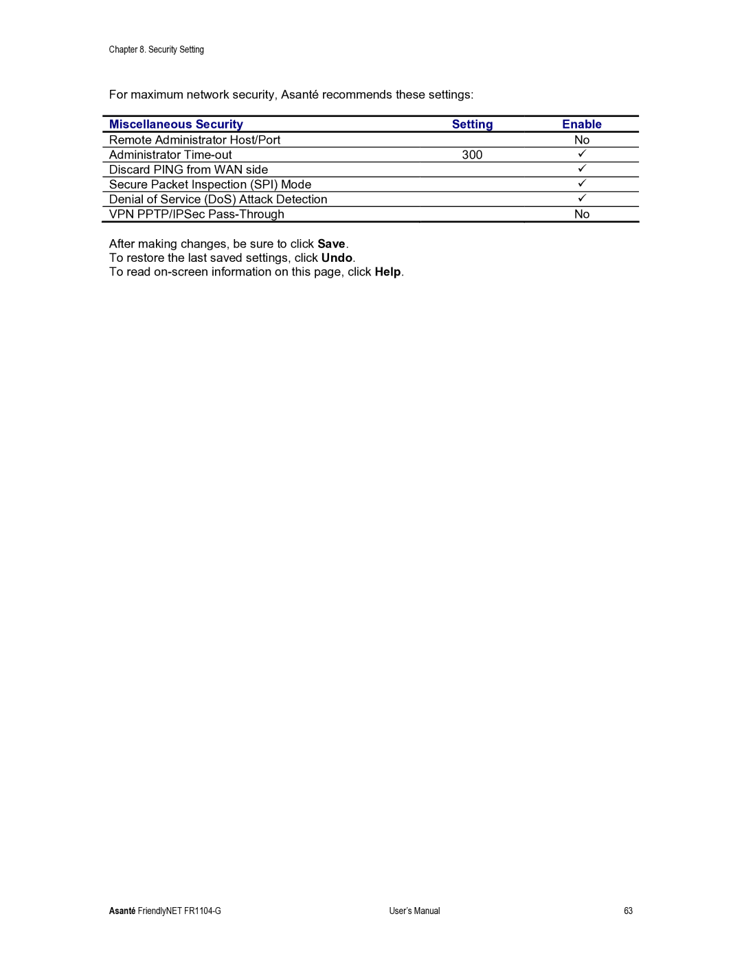 Asante Technologies FR1104-G user manual Miscellaneous Security Setting Enable 