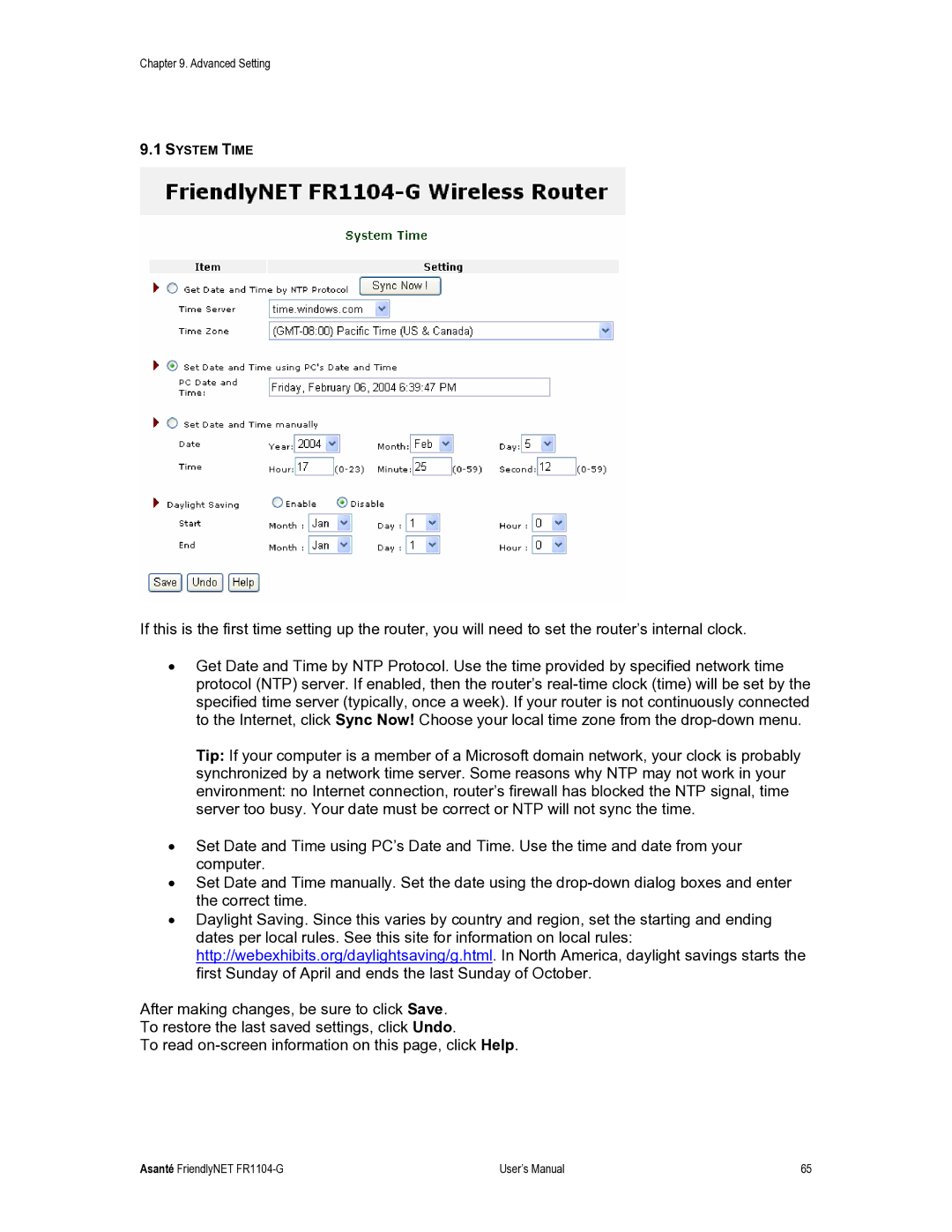 Asante Technologies FR1104-G user manual System Time 