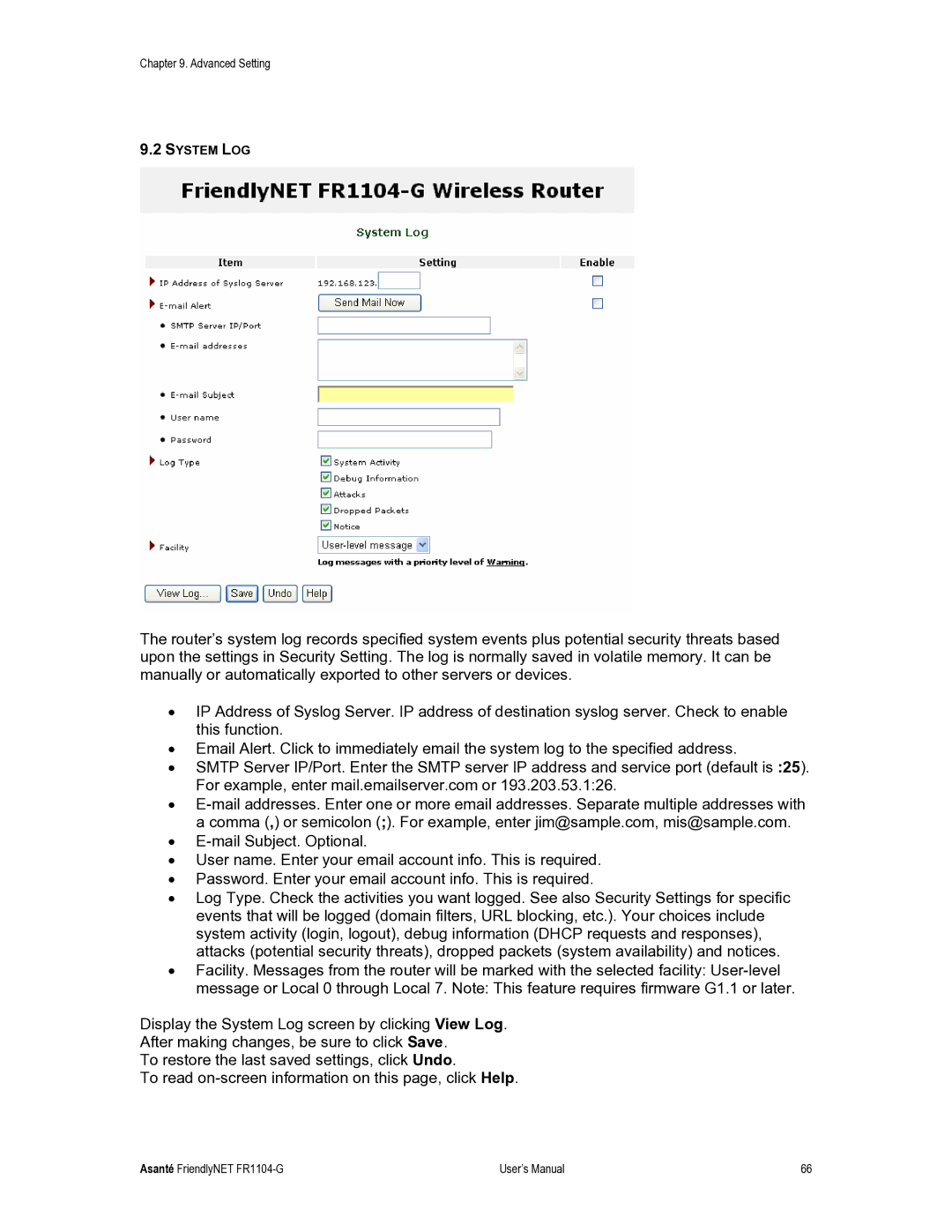 Asante Technologies FR1104-G user manual System LOG 