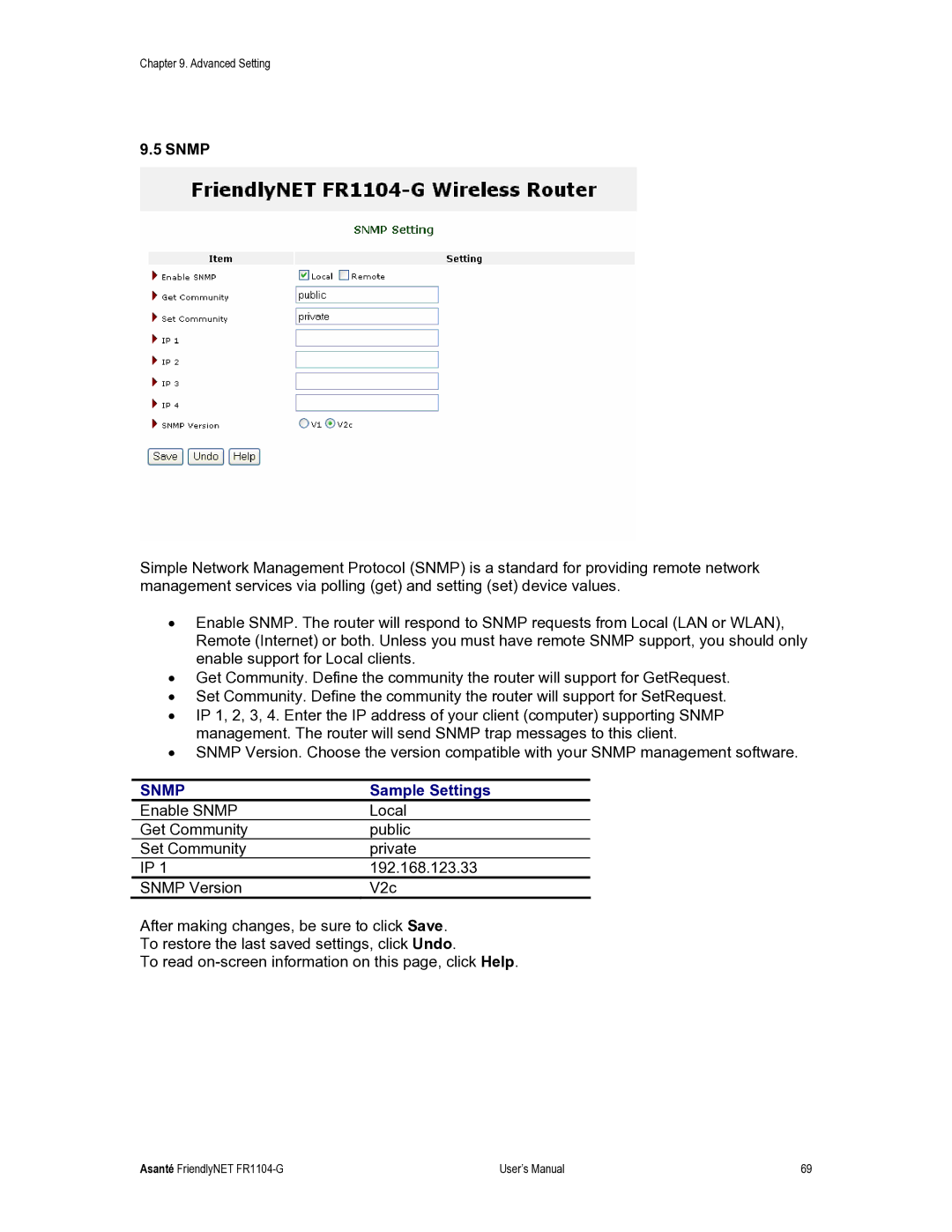 Asante Technologies FR1104-G user manual Snmp, Sample Settings 