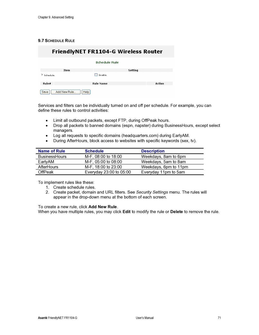 Asante Technologies FR1104-G user manual Name of Rule Schedule Description 