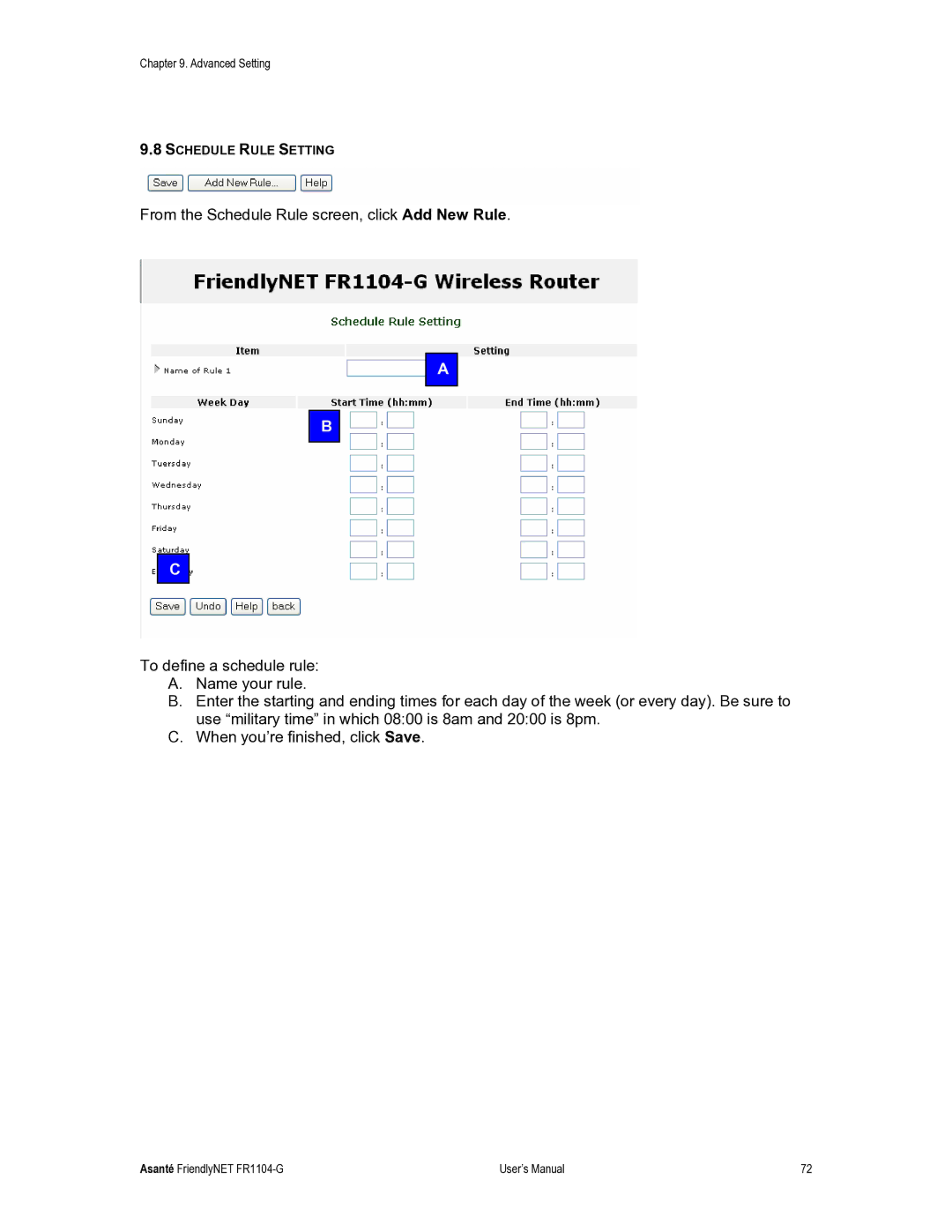 Asante Technologies FR1104-G user manual Schedule Rule Setting 