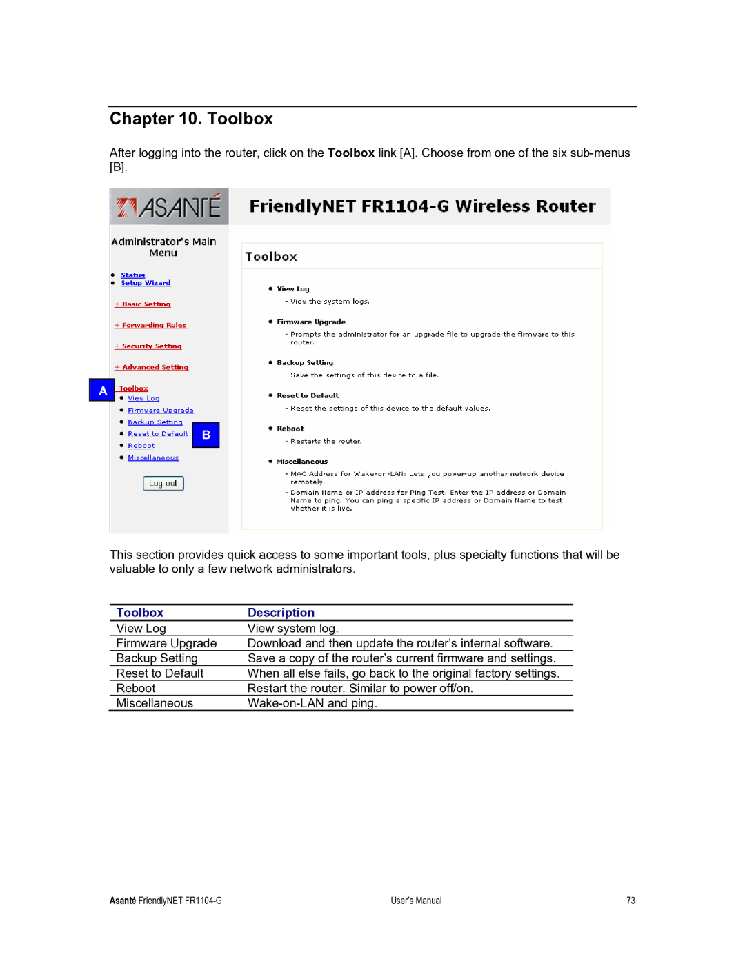 Asante Technologies FR1104-G user manual Toolbox Description 