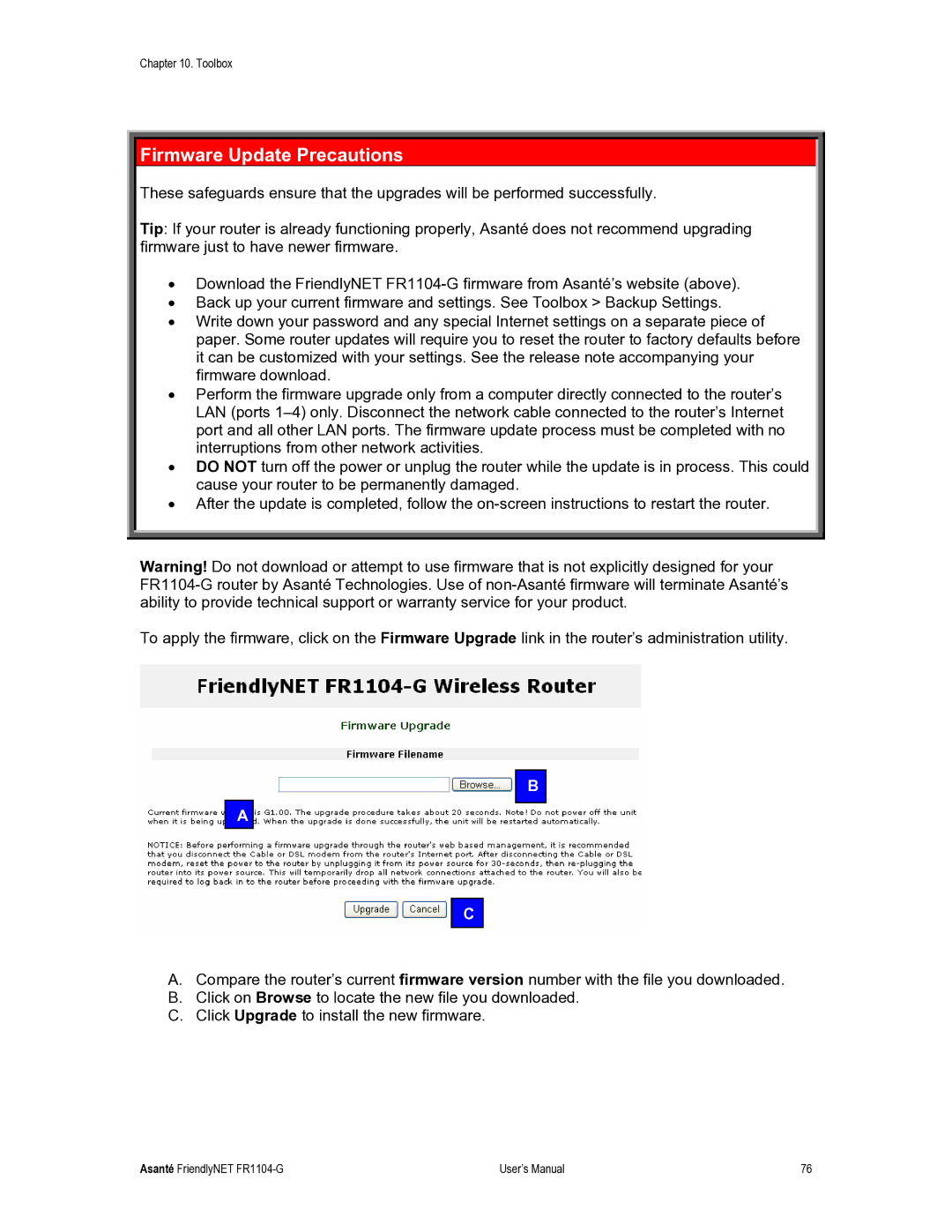 Asante Technologies FR1104-G user manual Firmware Update Precautions 