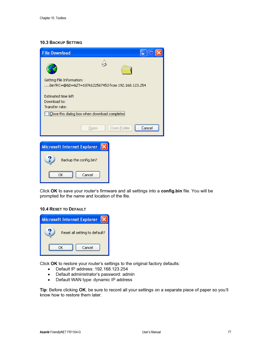 Asante Technologies FR1104-G user manual Backup Setting 