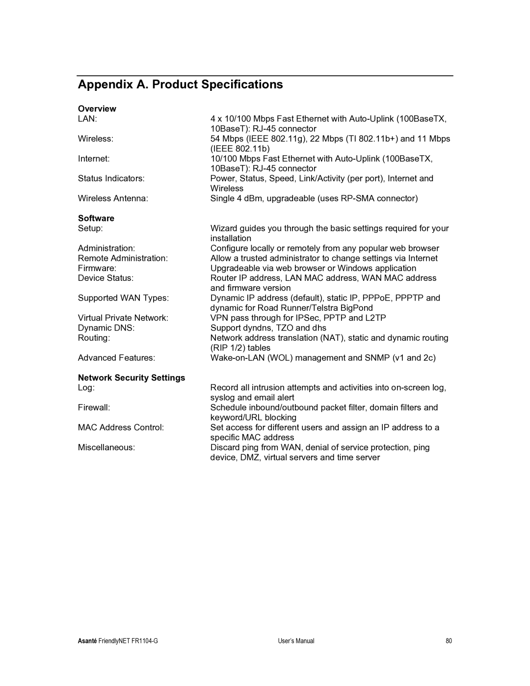 Asante Technologies FR1104-G user manual Appendix A. Product Specifications, Overview 