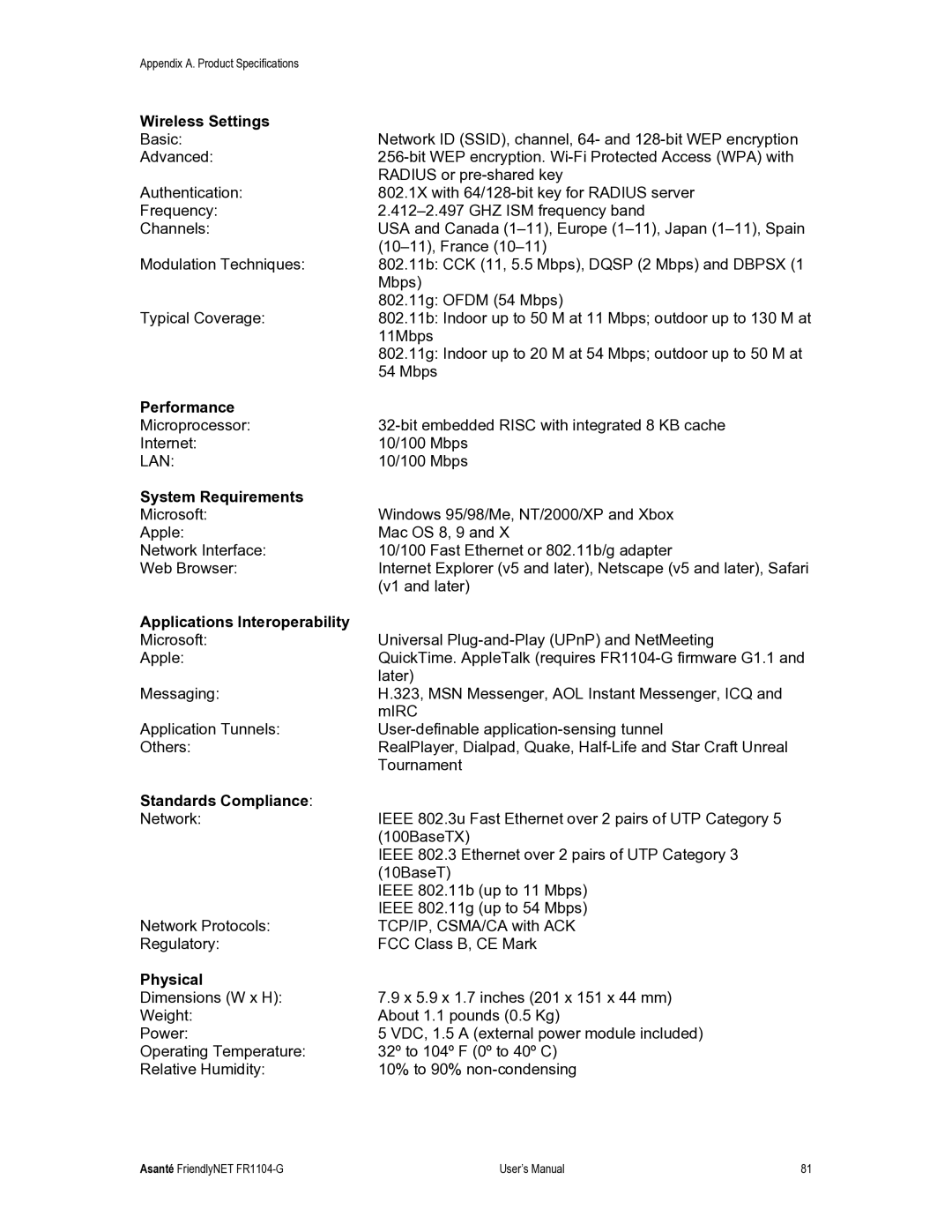 Asante Technologies FR1104-G user manual Wireless Settings 