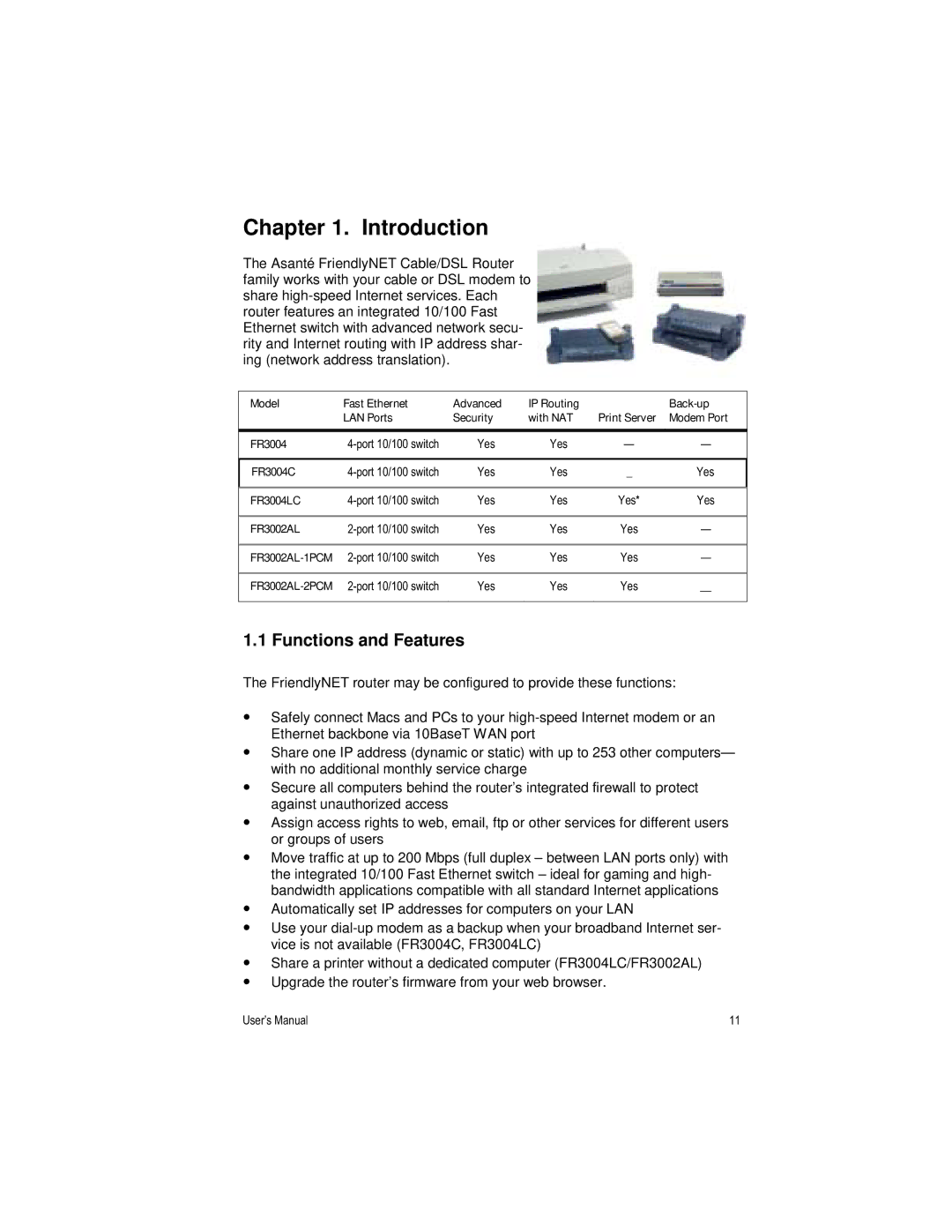 Asante Technologies FR3000 Series user manual Introduction, Functions and Features 