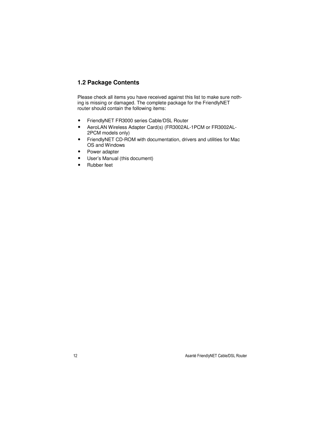 Asante Technologies FR3000 Series user manual Package Contents 