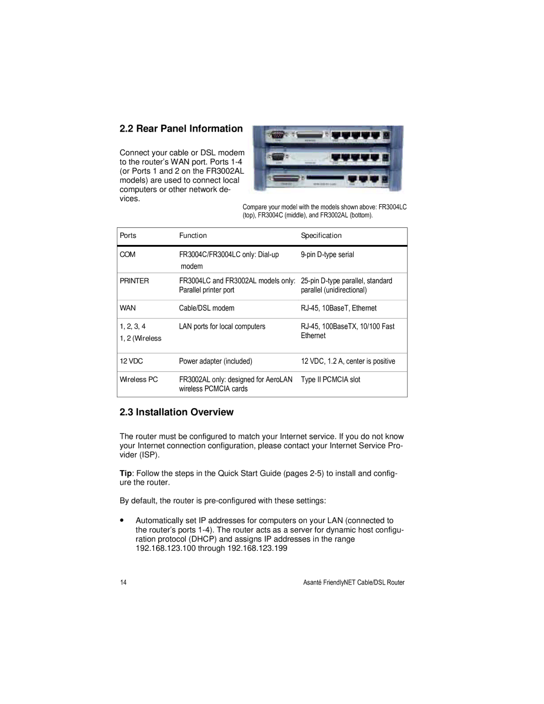 Asante Technologies FR3000 Series Rear Panel Information, Installation Overview, Ports Function Specification, 12 VDC 