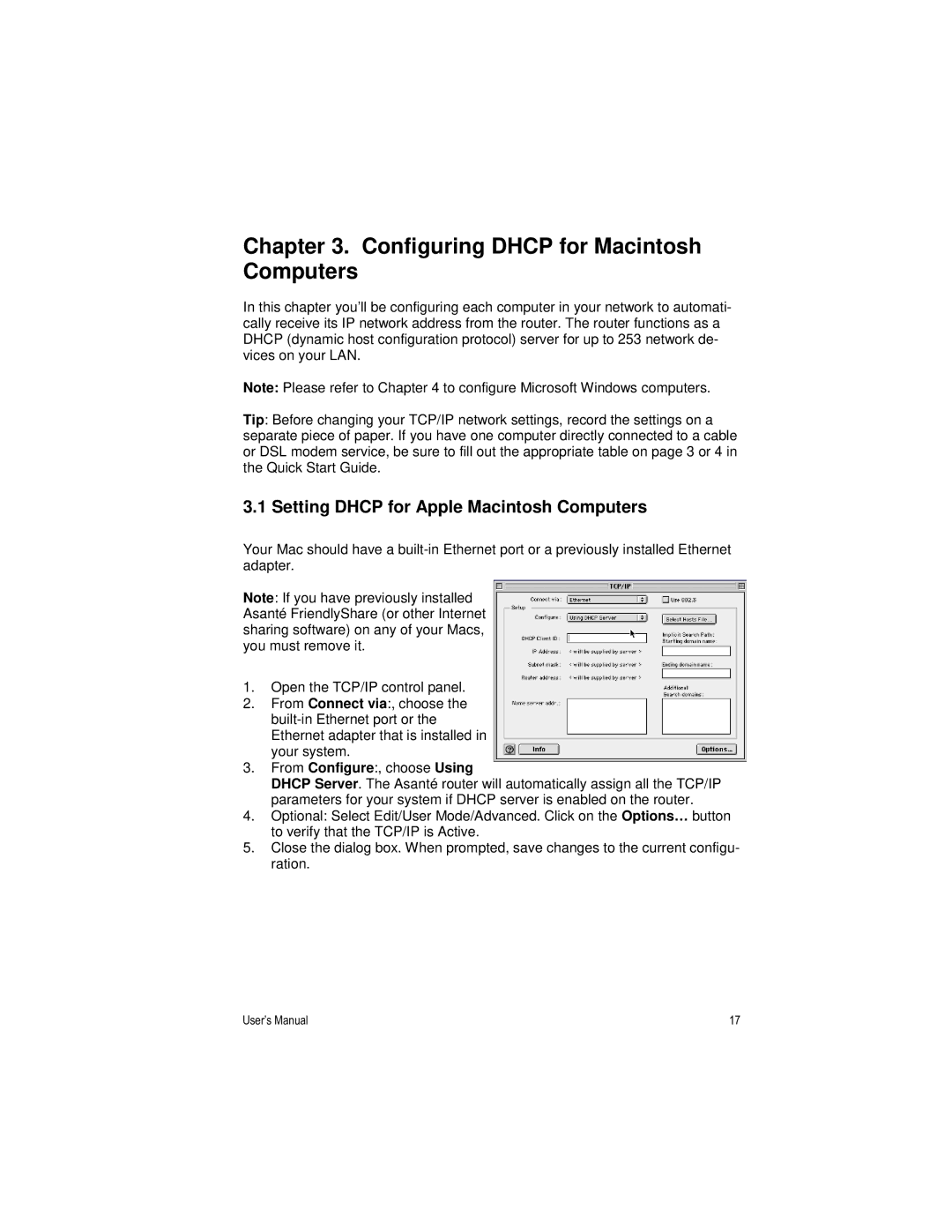 Asante Technologies FR3000 Series Configuring Dhcp for Macintosh Computers, Setting Dhcp for Apple Macintosh Computers 