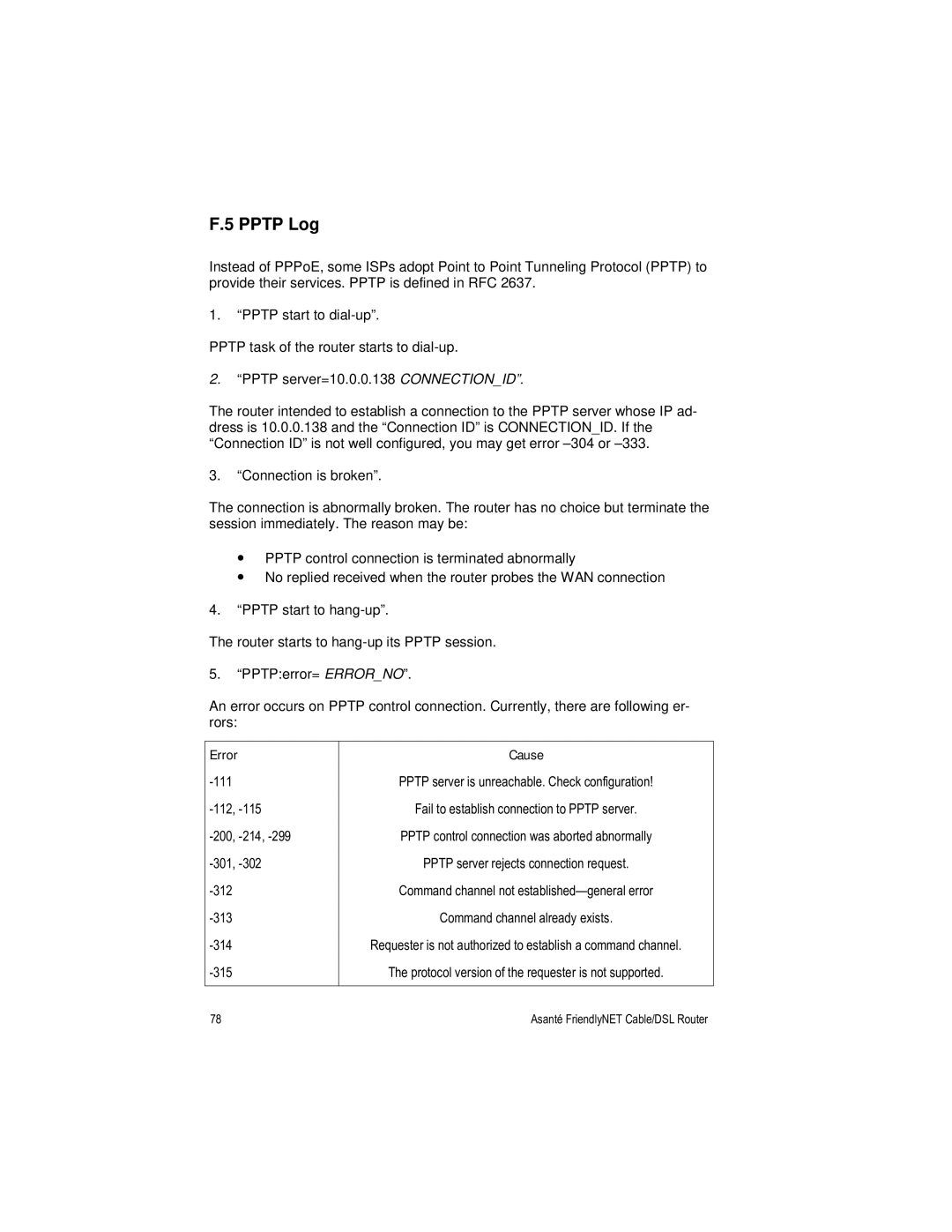 Asante Technologies FR3000 Series user manual Pptp Log, Error Cause 