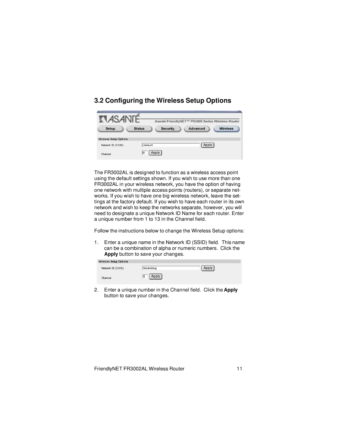 Asante Technologies FR3002AL user manual Configuring the Wireless Setup Options 