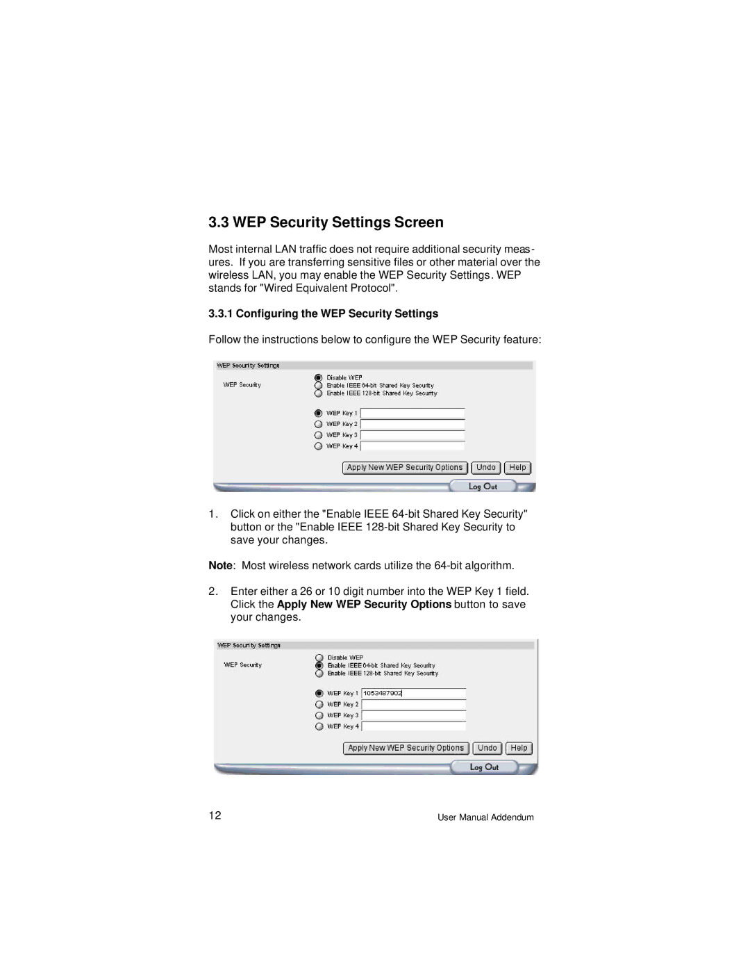 Asante Technologies FR3002AL user manual WEP Security Settings Screen 