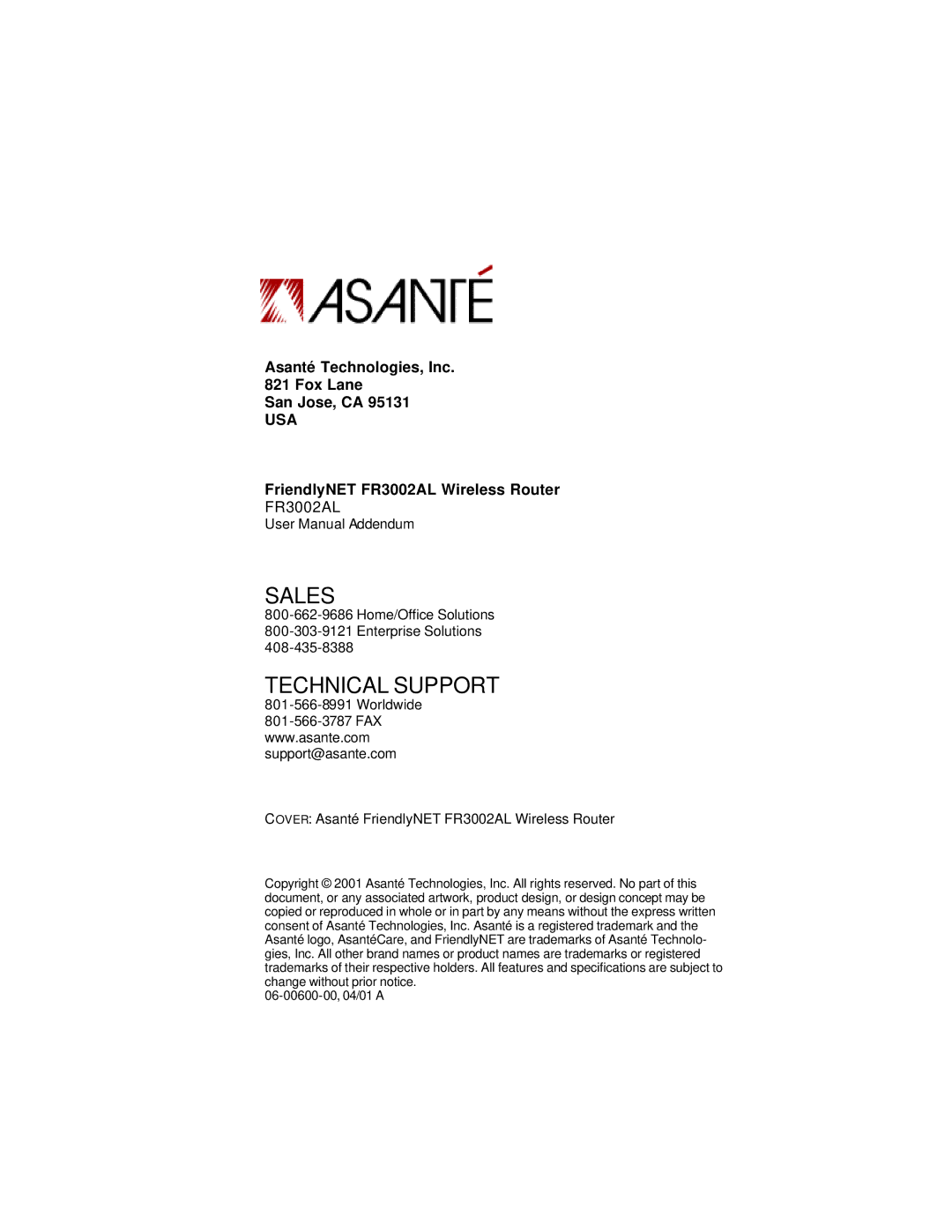 Asante Technologies FR3002AL user manual Sales 