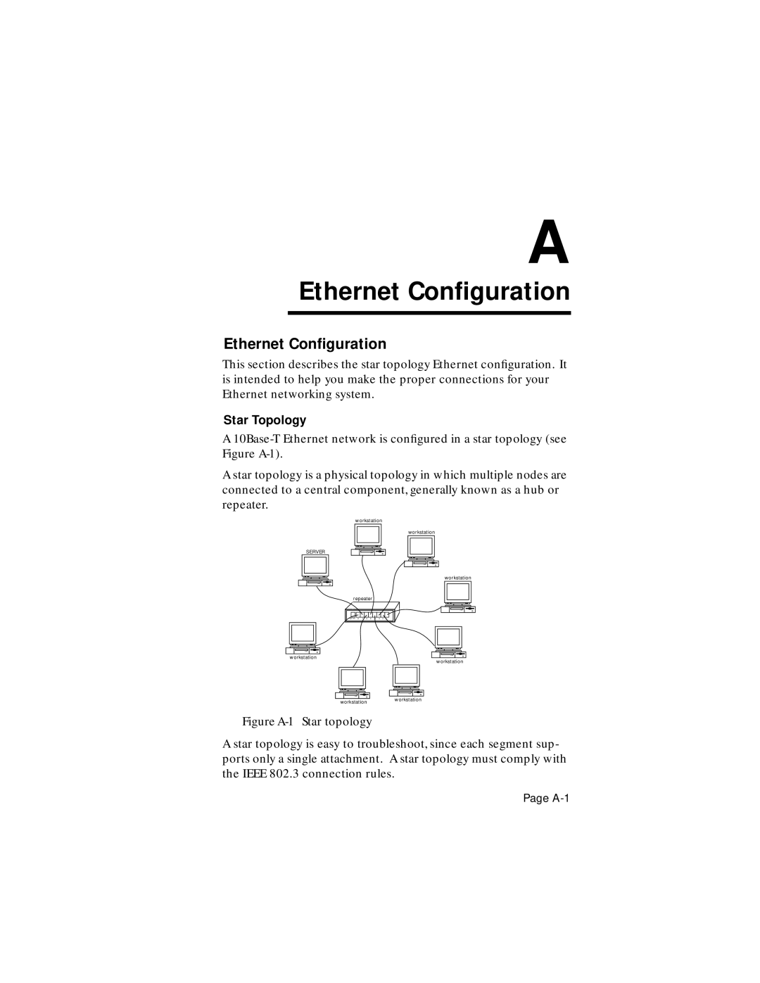 Asante Technologies FriendlyNet user manual Ethernet Conﬁguration, Star Topology 