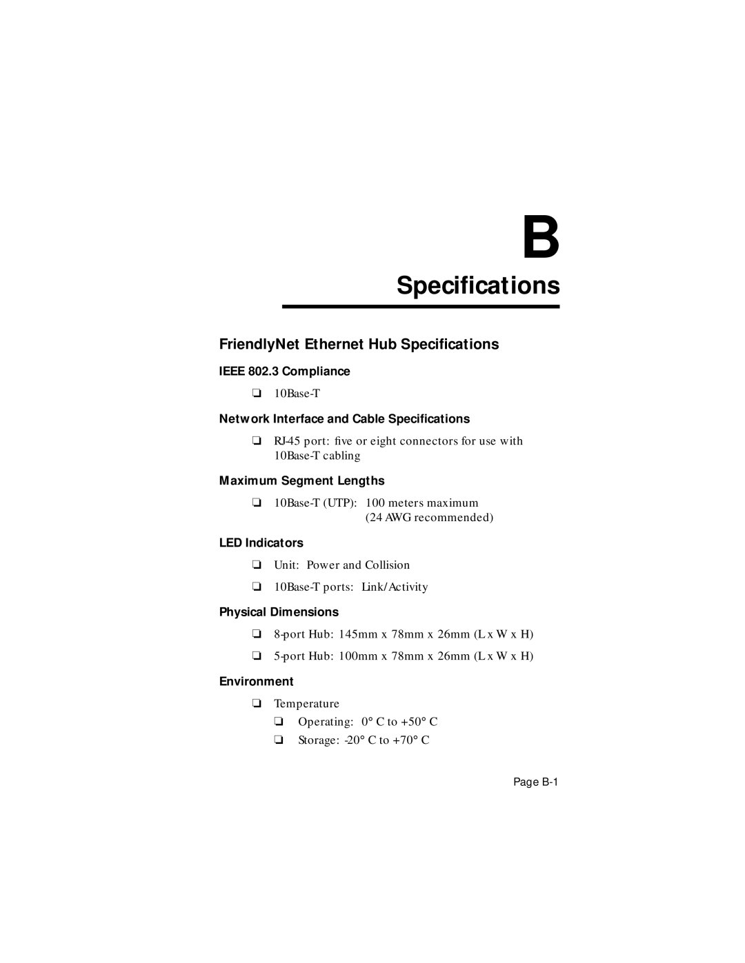 Asante Technologies user manual FriendlyNet Ethernet Hub Speciﬁcations 