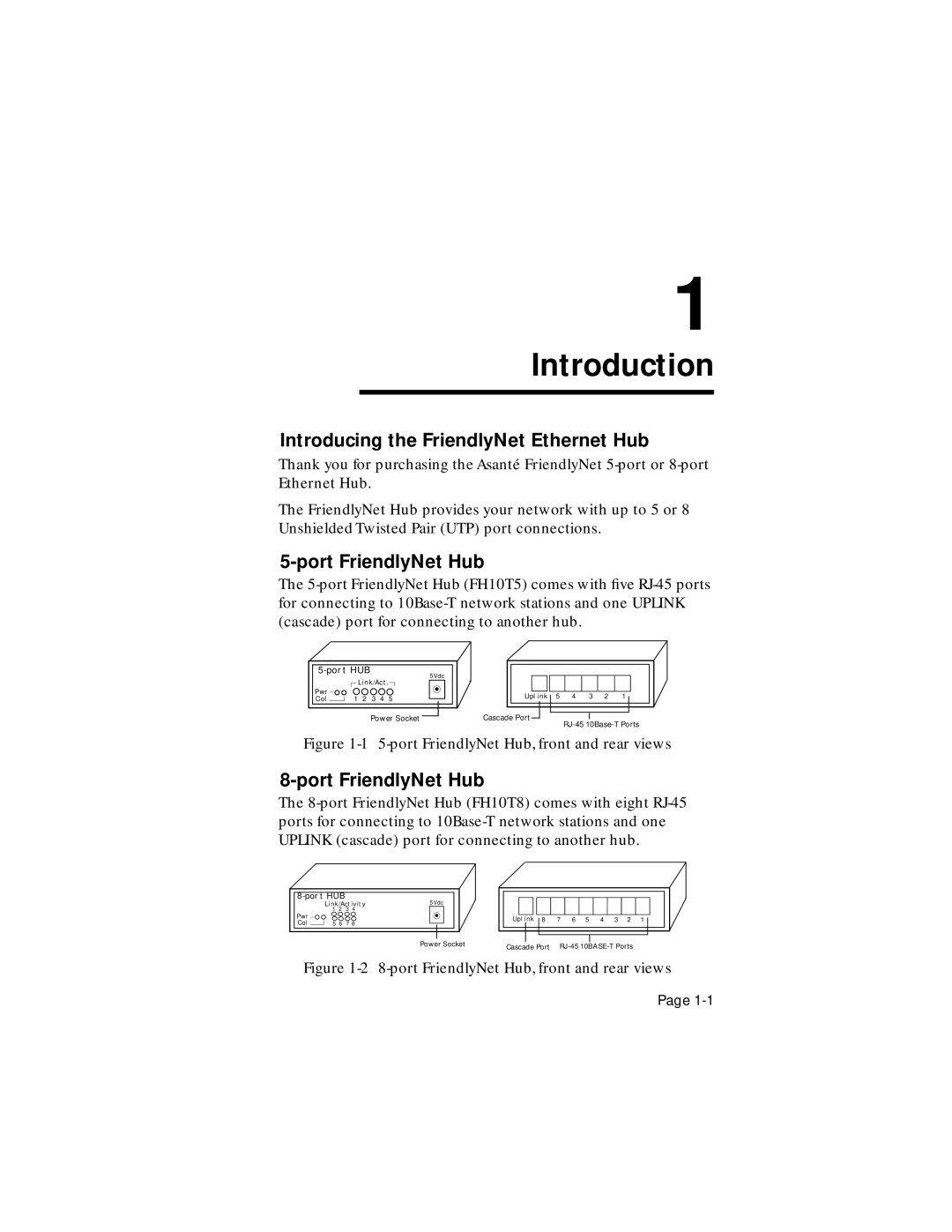 Asante Technologies user manual Introduction, Introducing the FriendlyNet Ethernet Hub, Port FriendlyNet Hub 