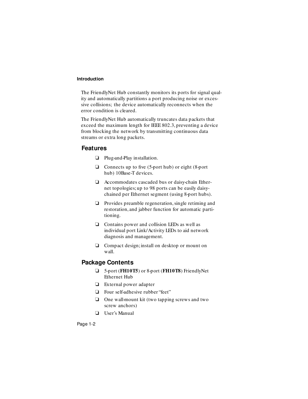 Asante Technologies FriendlyNet user manual Features, Package Contents 