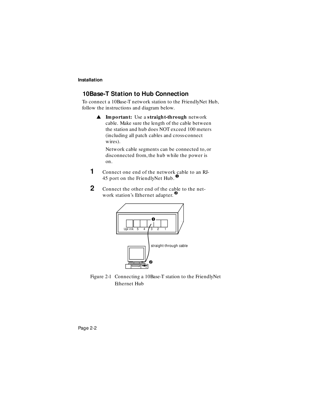 Asante Technologies FriendlyNet user manual 10Base-T Station to Hub Connection 