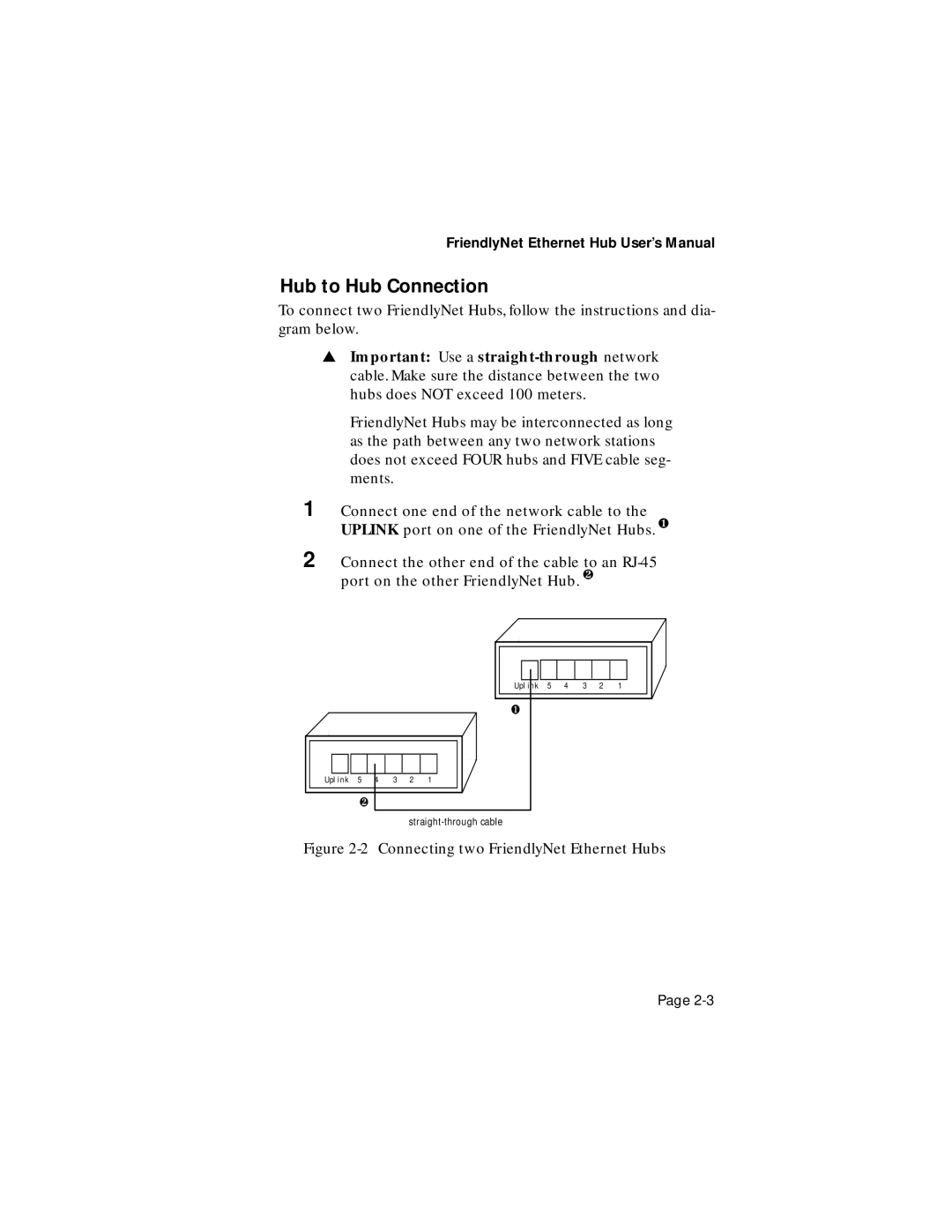 Asante Technologies user manual Hub to Hub Connection, Connecting two FriendlyNet Ethernet Hubs 