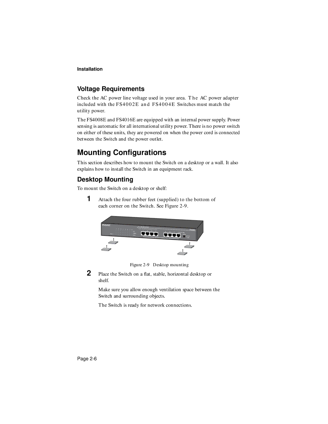 Asante Technologies FS4008E/FS4016E, FS4002E/FS4004E Mounting Conﬁgurations, Voltage Requirements, Desktop Mounting 