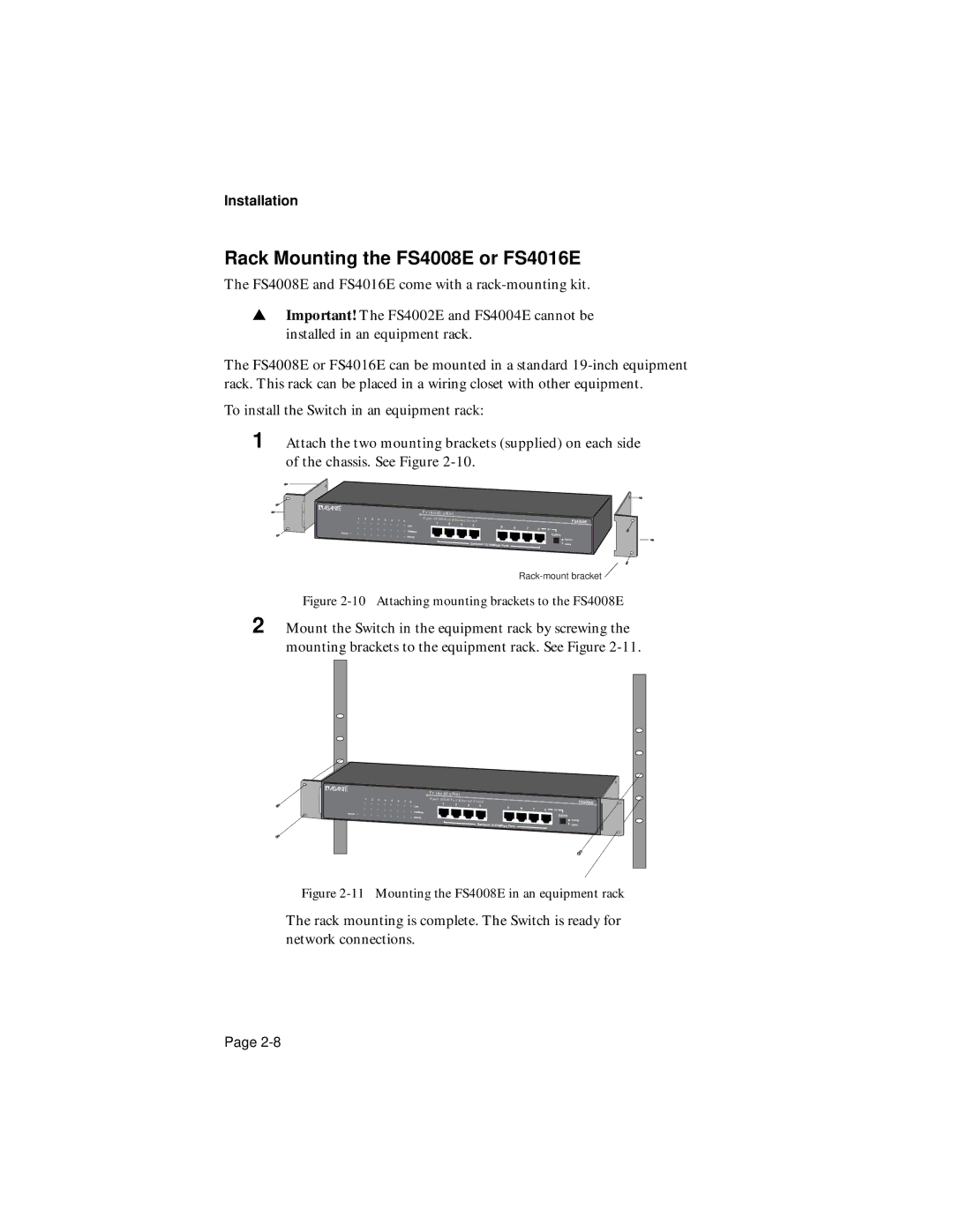 Asante Technologies FS4008E/FS4016E Rack Mounting the FS4008E or FS4016E, Attaching mounting brackets to the FS4008E 