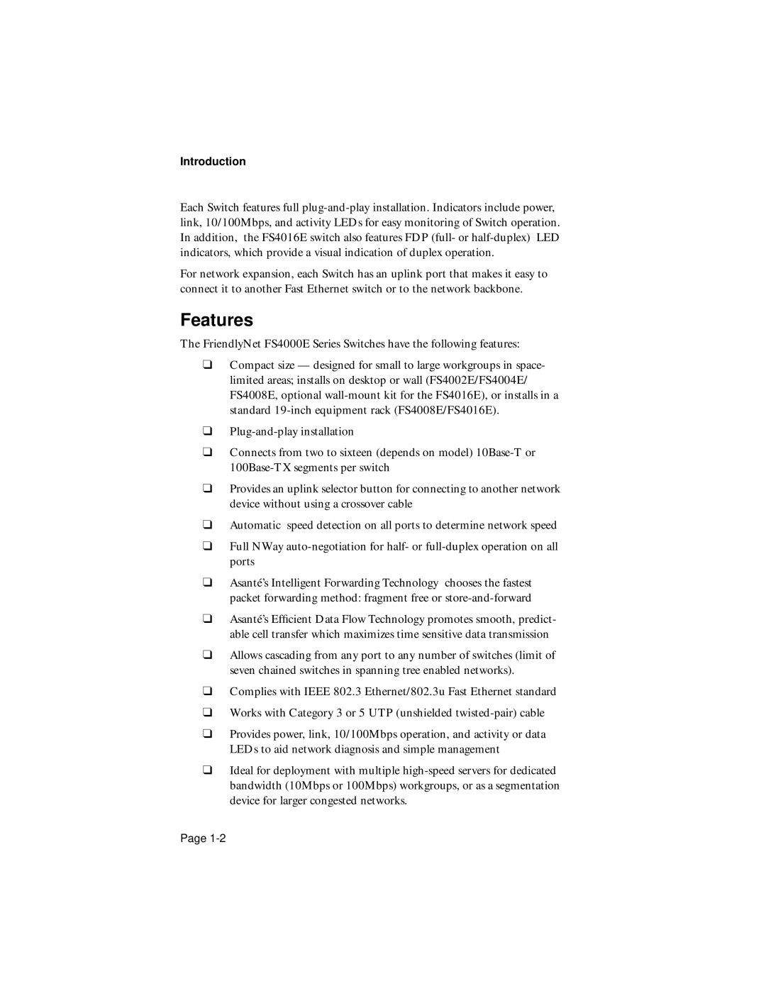 Asante Technologies FS4008E/FS4016E, FS4002E/FS4004E user manual Features, Introduction 