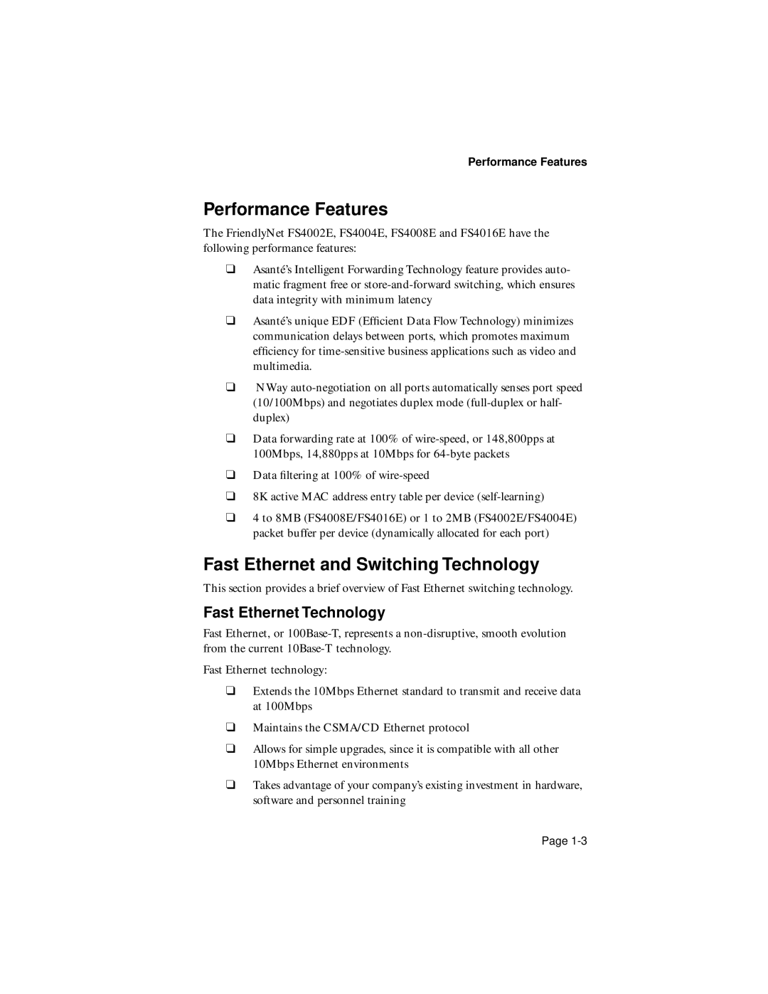 Asante Technologies FS4002E/FS4004E Performance Features, Fast Ethernet and Switching Technology, Fast Ethernet Technology 