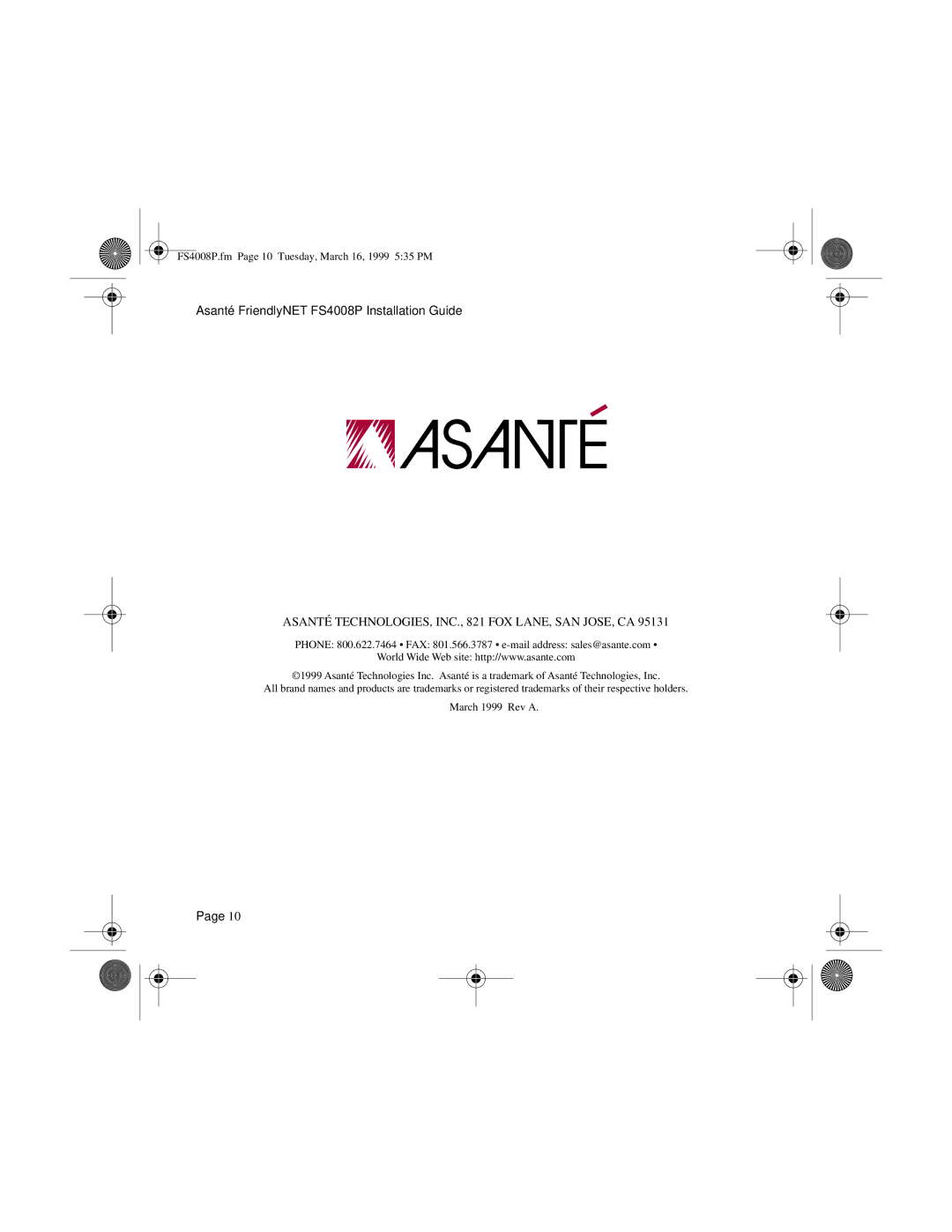 Asante Technologies FS4008P manual Asanté TECHNOLOGIES, INC., 821 FOX LANE, SAN JOSE, CA 