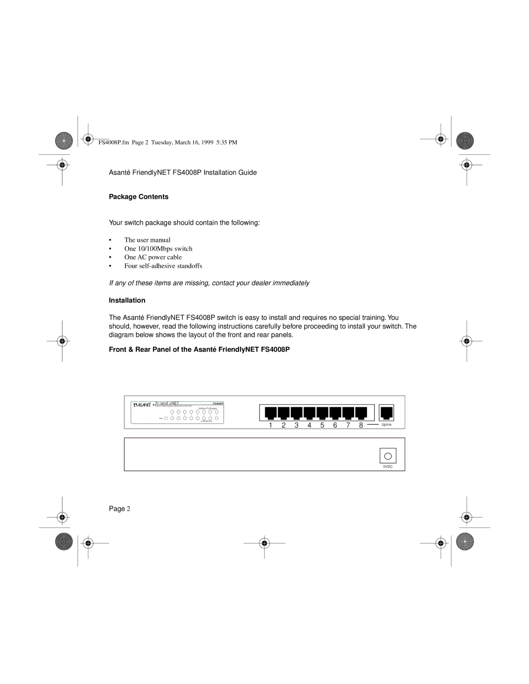 Asante Technologies manual Package Contents, Installation, Front & Rear Panel of the Asanté FriendlyNET FS4008P 