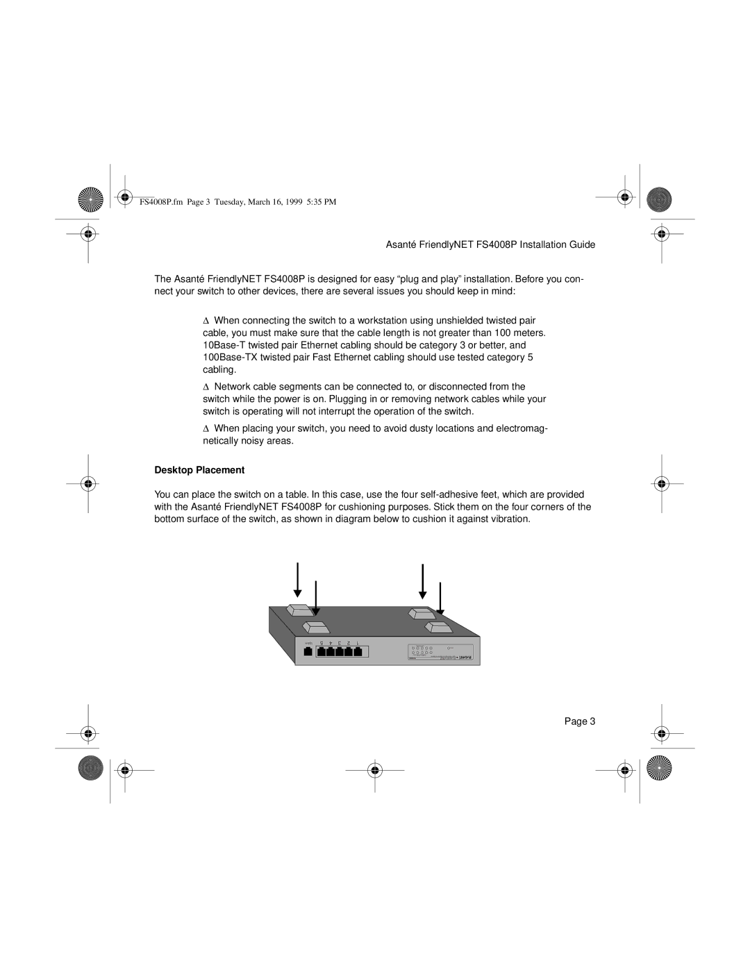 Asante Technologies FS4008P manual Desktop Placement 