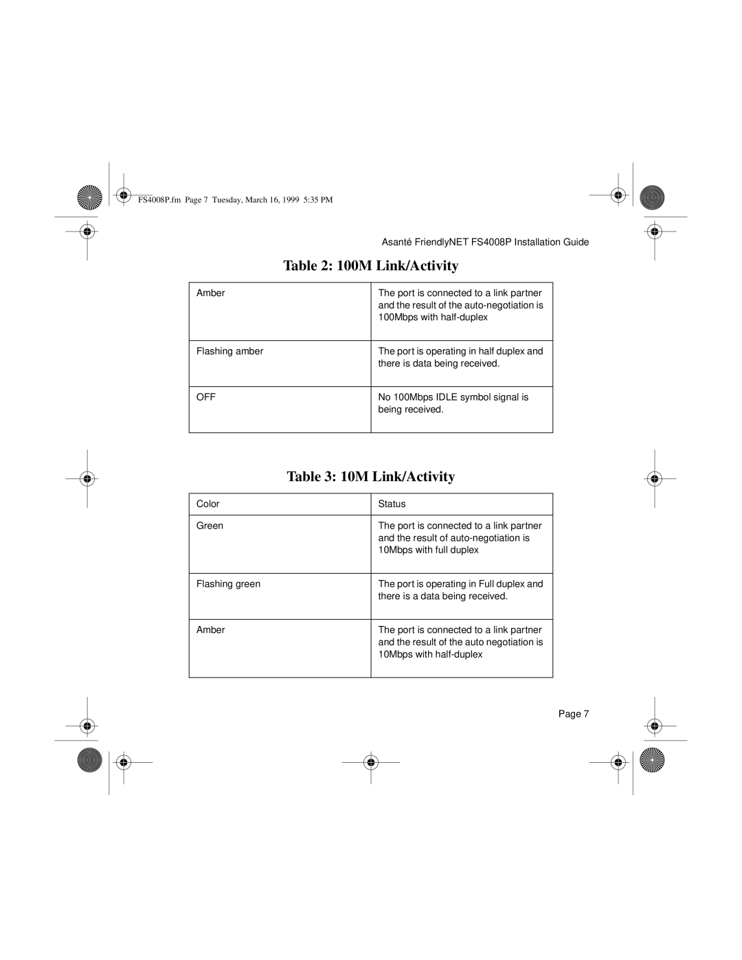 Asante Technologies FS4008P manual 10M Link/Activity 