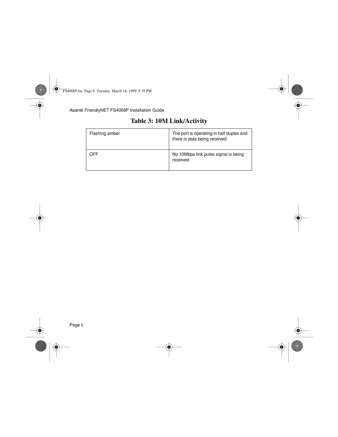 Asante Technologies FS4008P manual No 10Mbps link pulse signal is being 