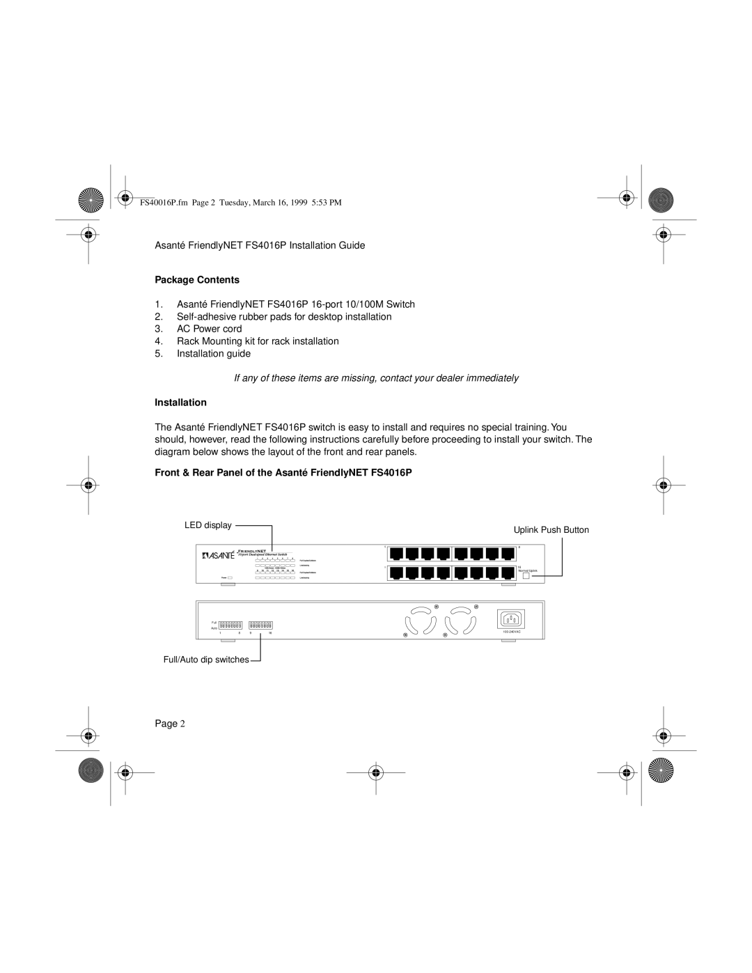 Asante Technologies manual Package Contents, Installation, Front & Rear Panel of the Asanté FriendlyNET FS4016P 