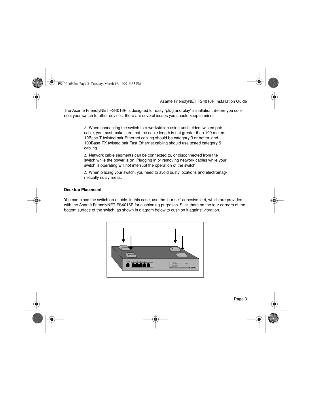 Asante Technologies FS4016P manual Desktop Placement 