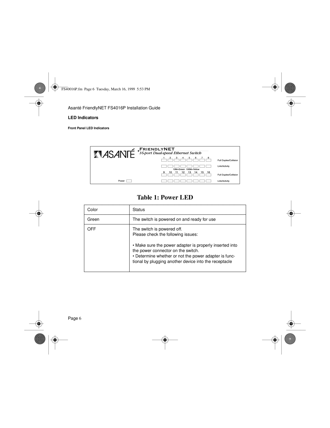 Asante Technologies FS4016P manual Power LED, LED Indicators 