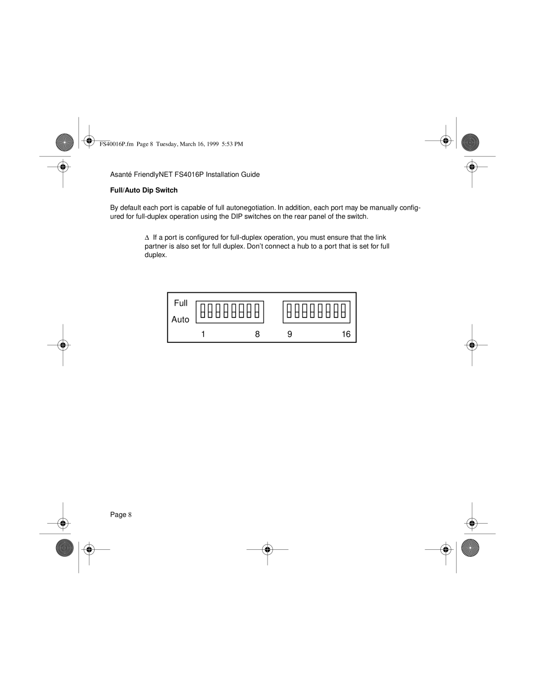 Asante Technologies FS4016P manual Full Auto, Full/Auto Dip Switch 