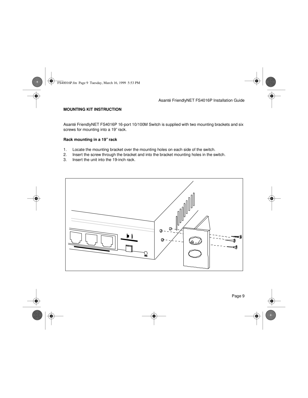 Asante Technologies FS4016P manual Mounting KIT Instruction, Rack mounting in a 19 rack 