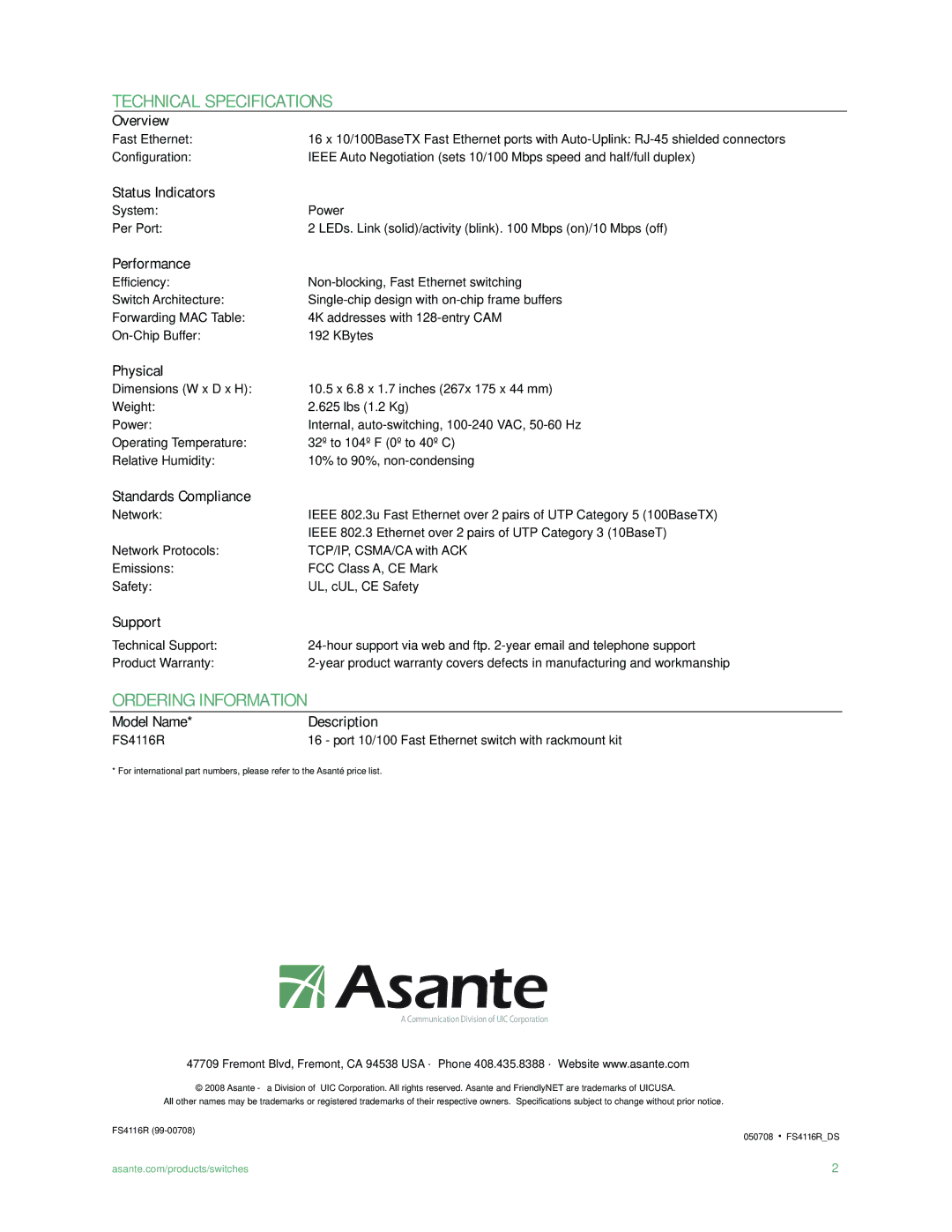 Asante Technologies FS4116R manual Technical Specifications, Ordering Information 