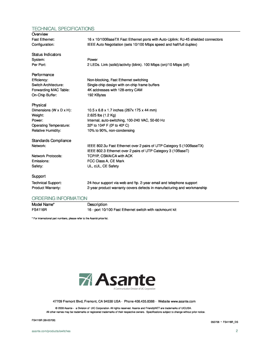 Asante Technologies FS4116R manual Technical Specifications, Ordering Information, Overview, Status Indicators, Performance 