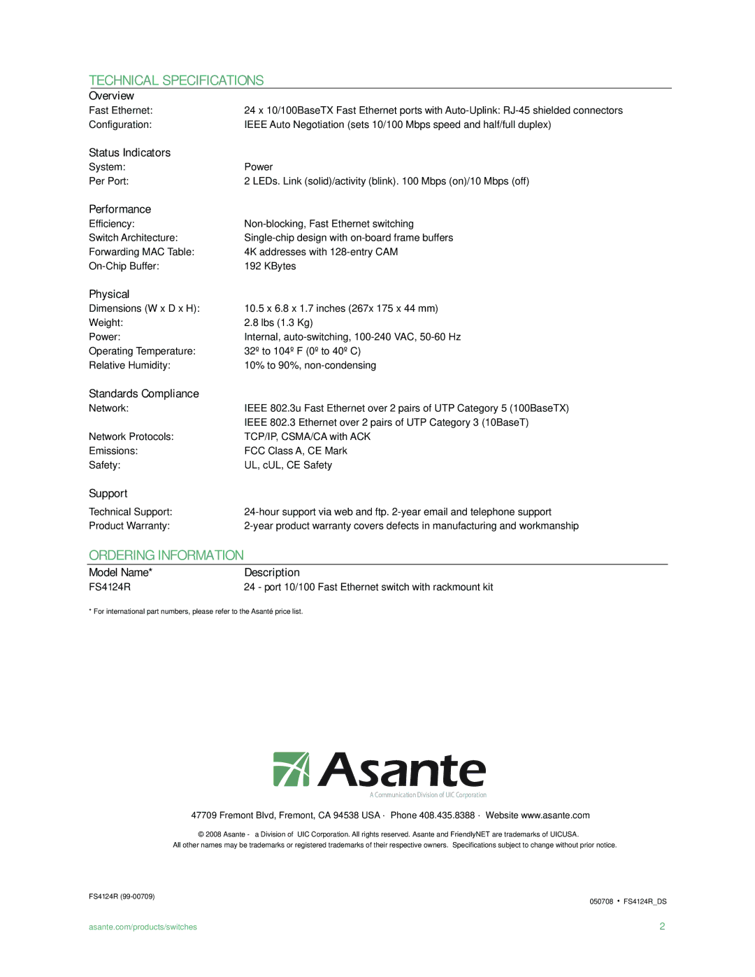 Asante Technologies FS4124R manual Technical Specifications, Ordering Information 