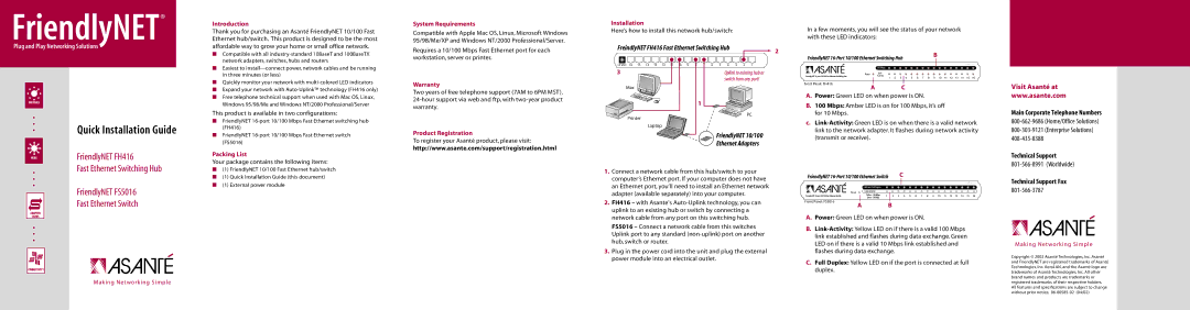 Asante Technologies FS5016 warranty Introduction, System Requirements, Installation, Warranty, Packing List 