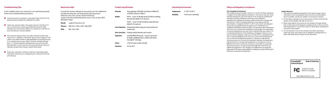 Asante Technologies FS5016 warranty Troubleshooting Tips, Need more help?, Product Specifications Operating Environment 