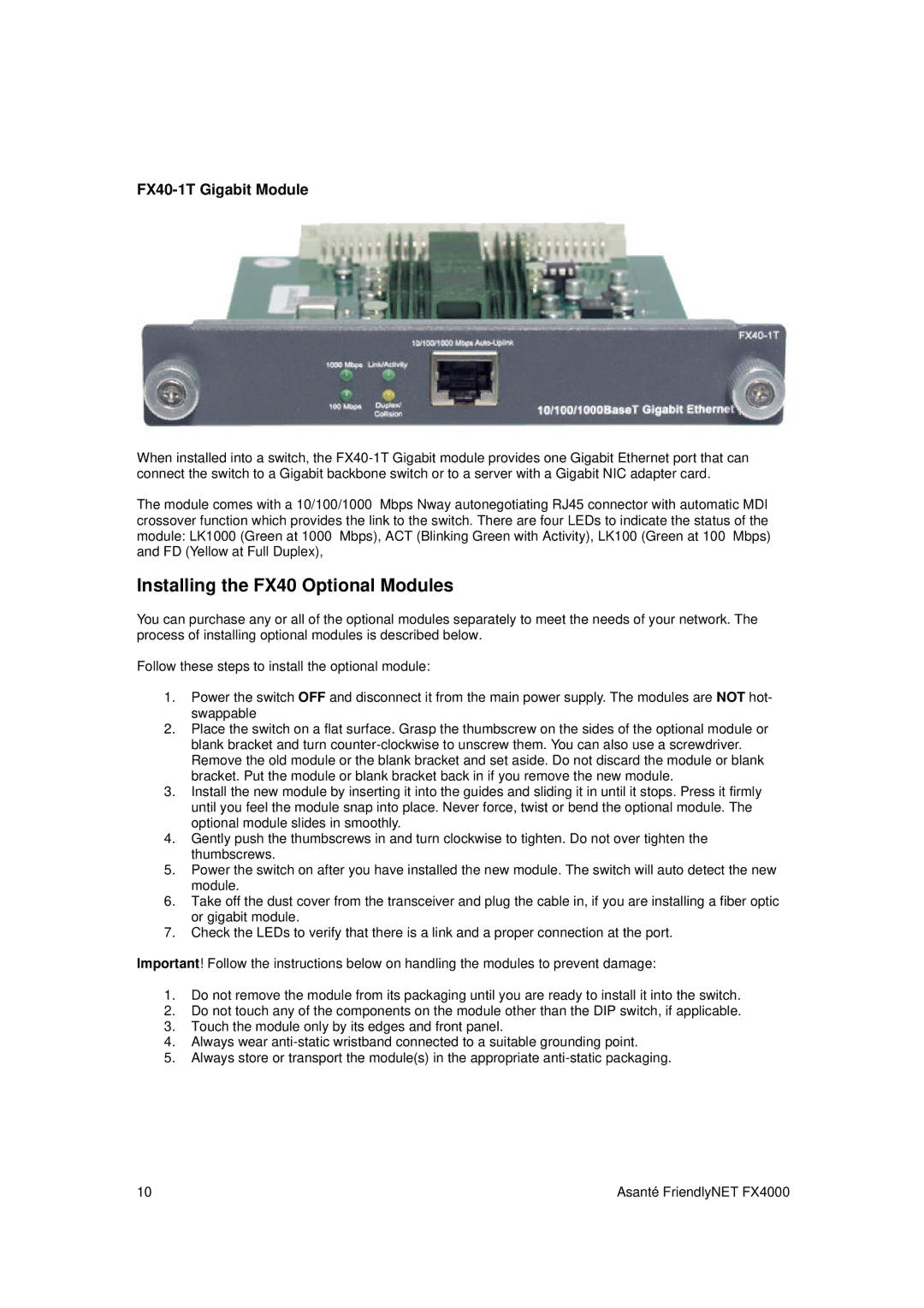 Asante Technologies FX4000 user manual Installing the FX40 Optional Modules, FX40-1T Gigabit Module 