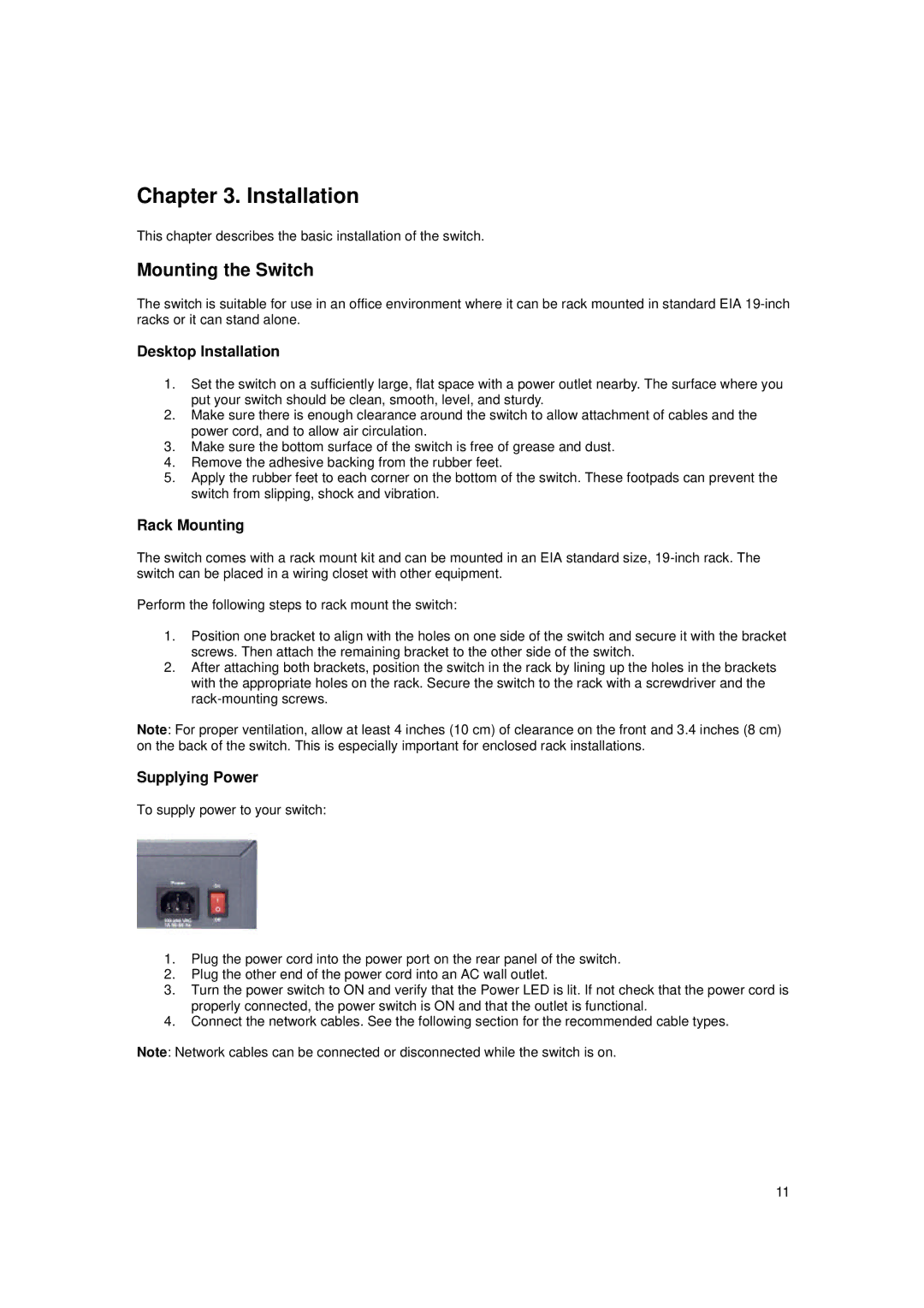 Asante Technologies FX4000 user manual Mounting the Switch, Desktop Installation, Rack Mounting, Supplying Power 