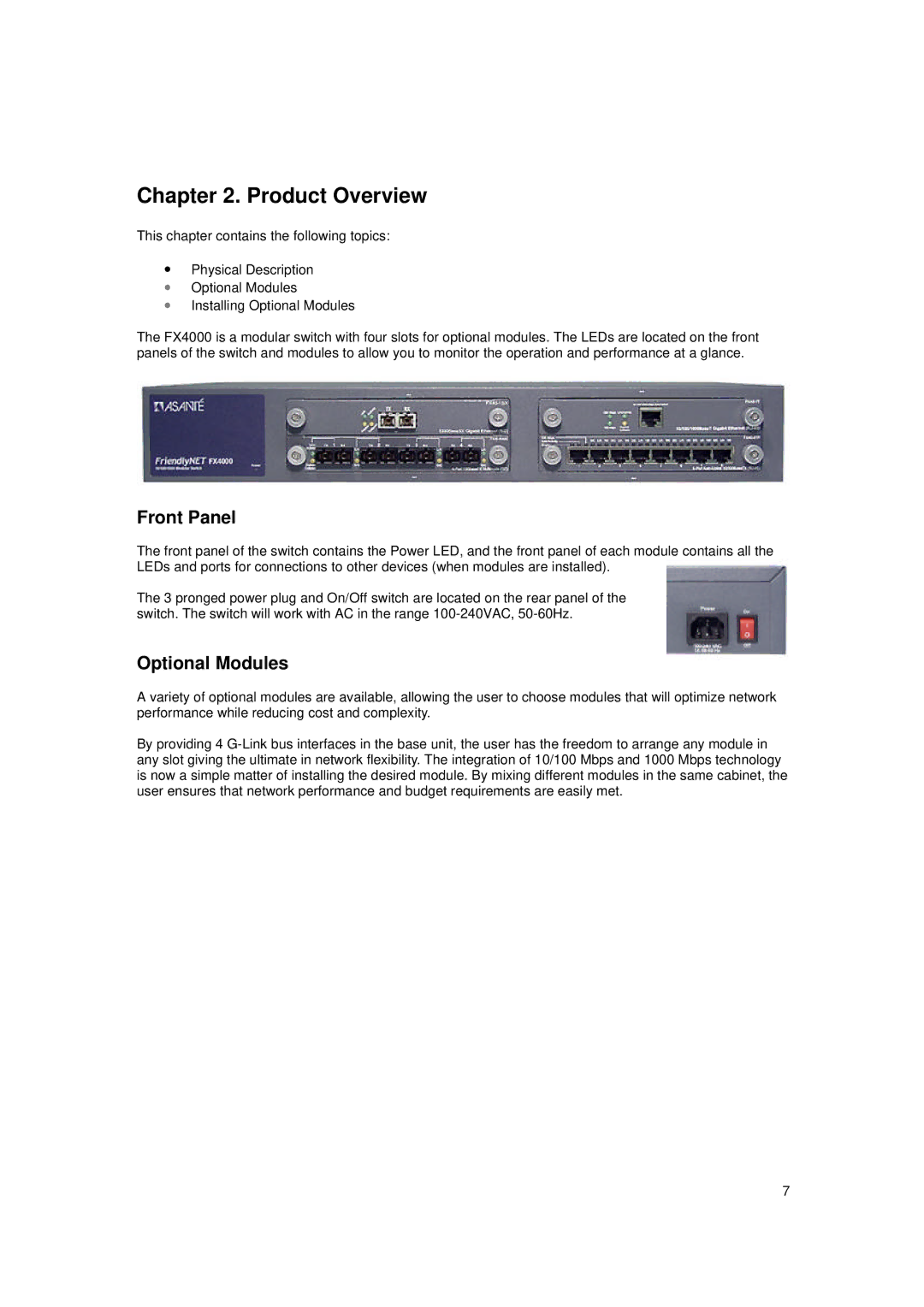 Asante Technologies FX4000 user manual Product Overview, Front Panel, Optional Modules 