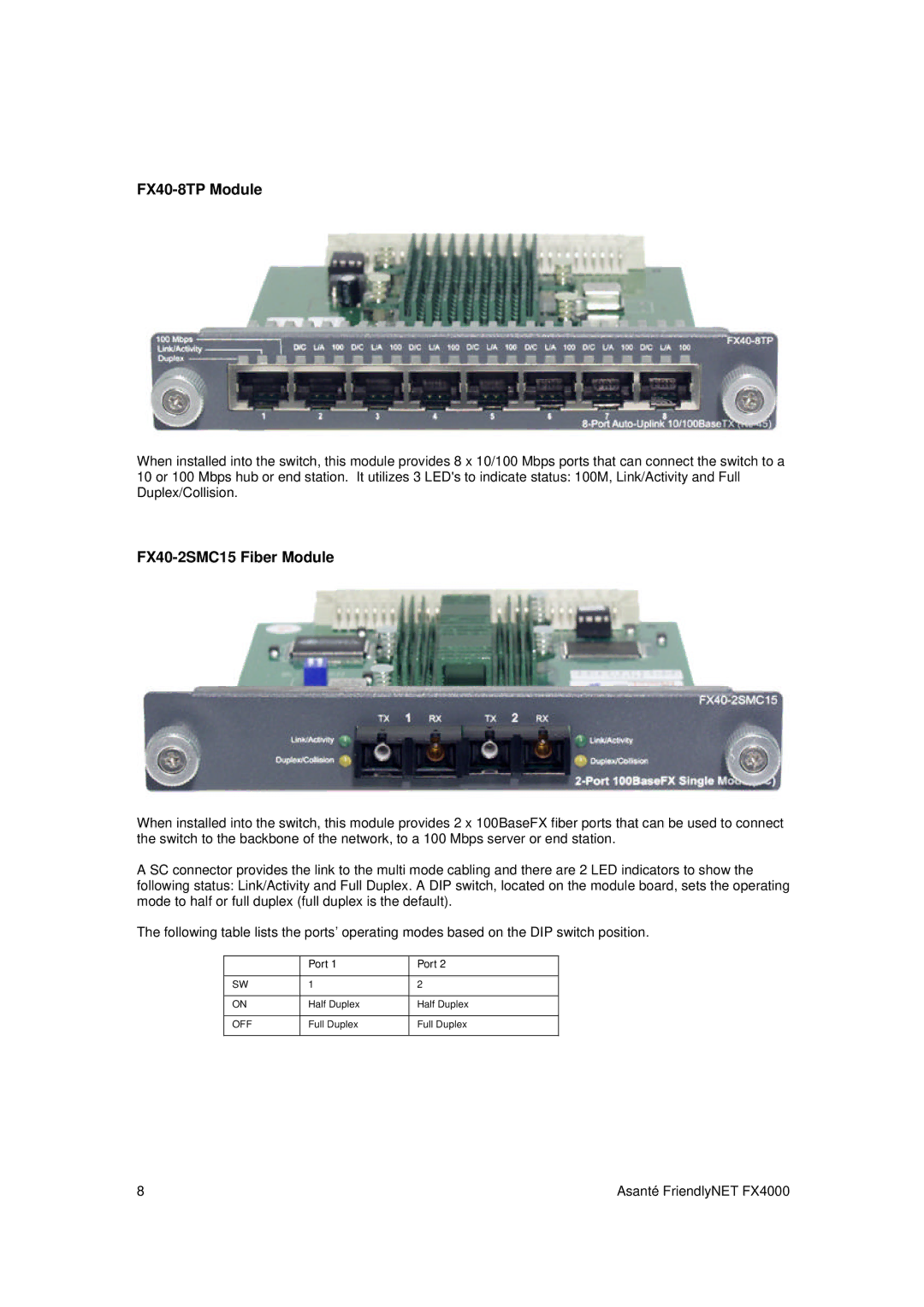 Asante Technologies FX4000 user manual FX40-8TP Module, FX40-2SMC15 Fiber Module 