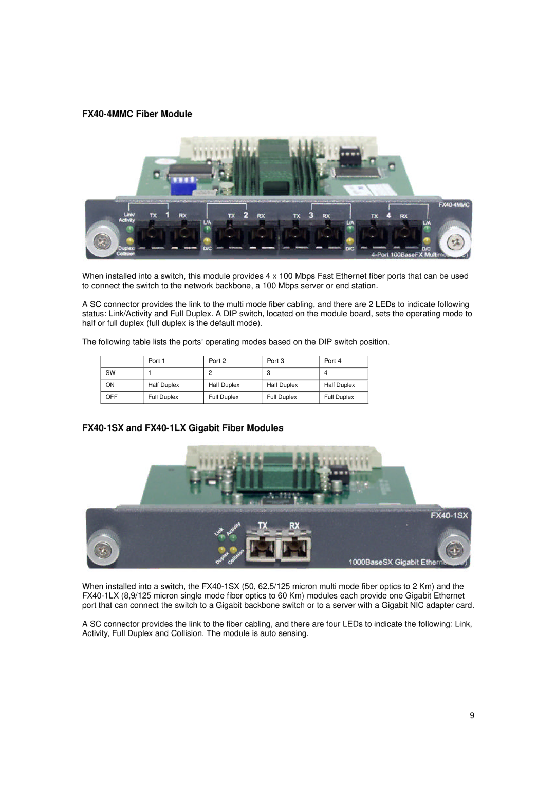 Asante Technologies FX4000 user manual FX40-4MMC Fiber Module, FX40-1SX and FX40-1LX Gigabit Fiber Modules 