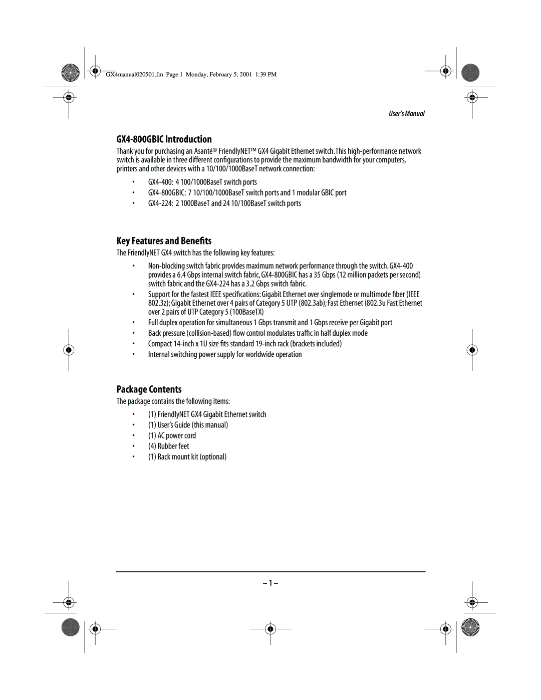 Asante Technologies user manual GX4-800GBIC Introduction, Key Features and Beneﬁts, Package Contents 